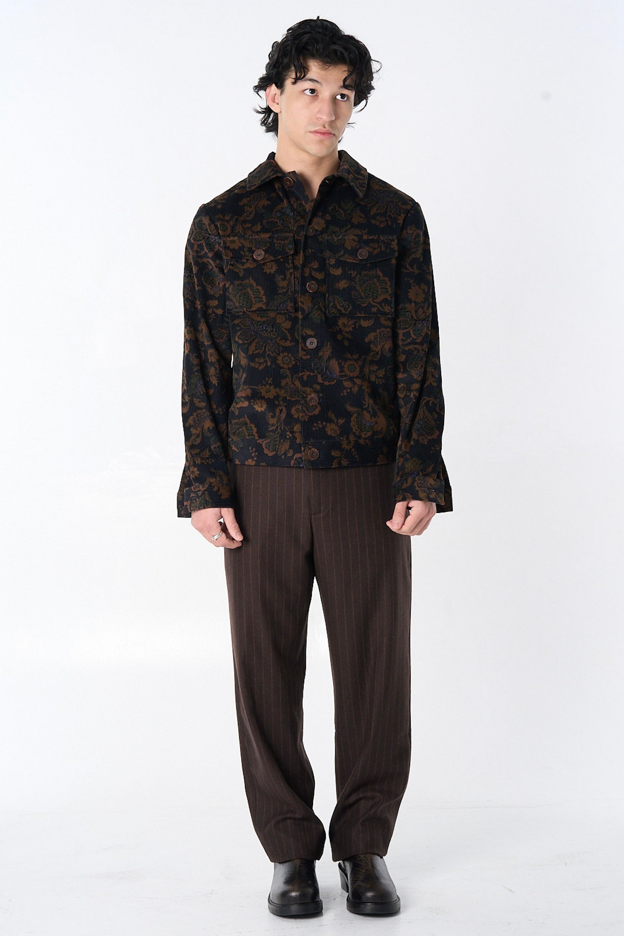 "Dean" Jacket in Black and Brown Calico Floral Corduroy