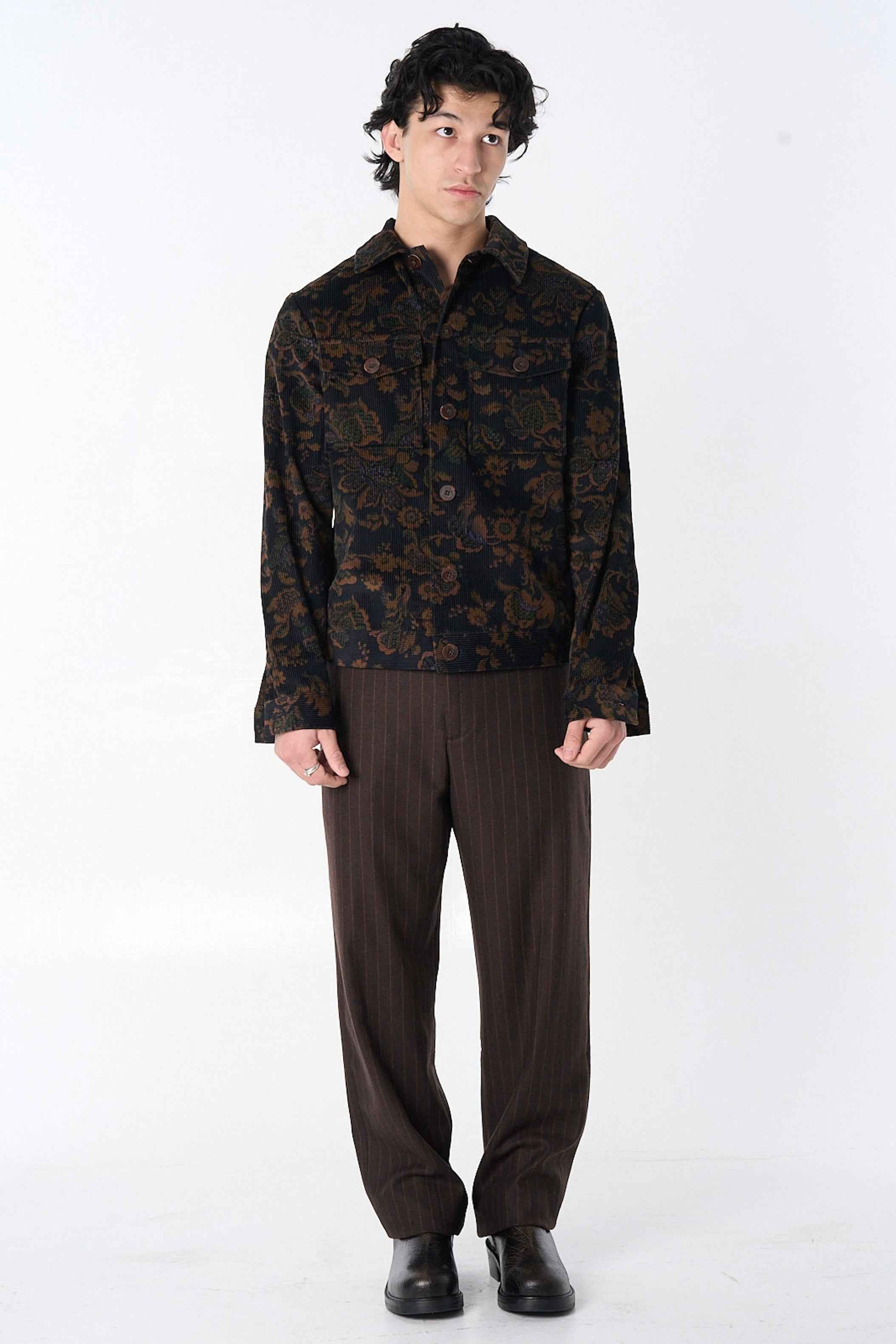 "Dean" Jacket in Black and Brown Calico Floral Corduroy