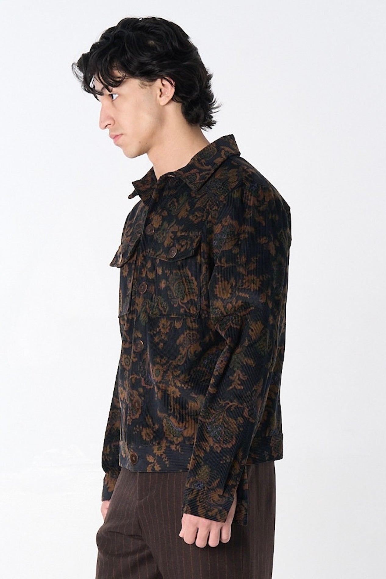 "Dean" Jacket in Black and Brown Calico Floral Corduroy