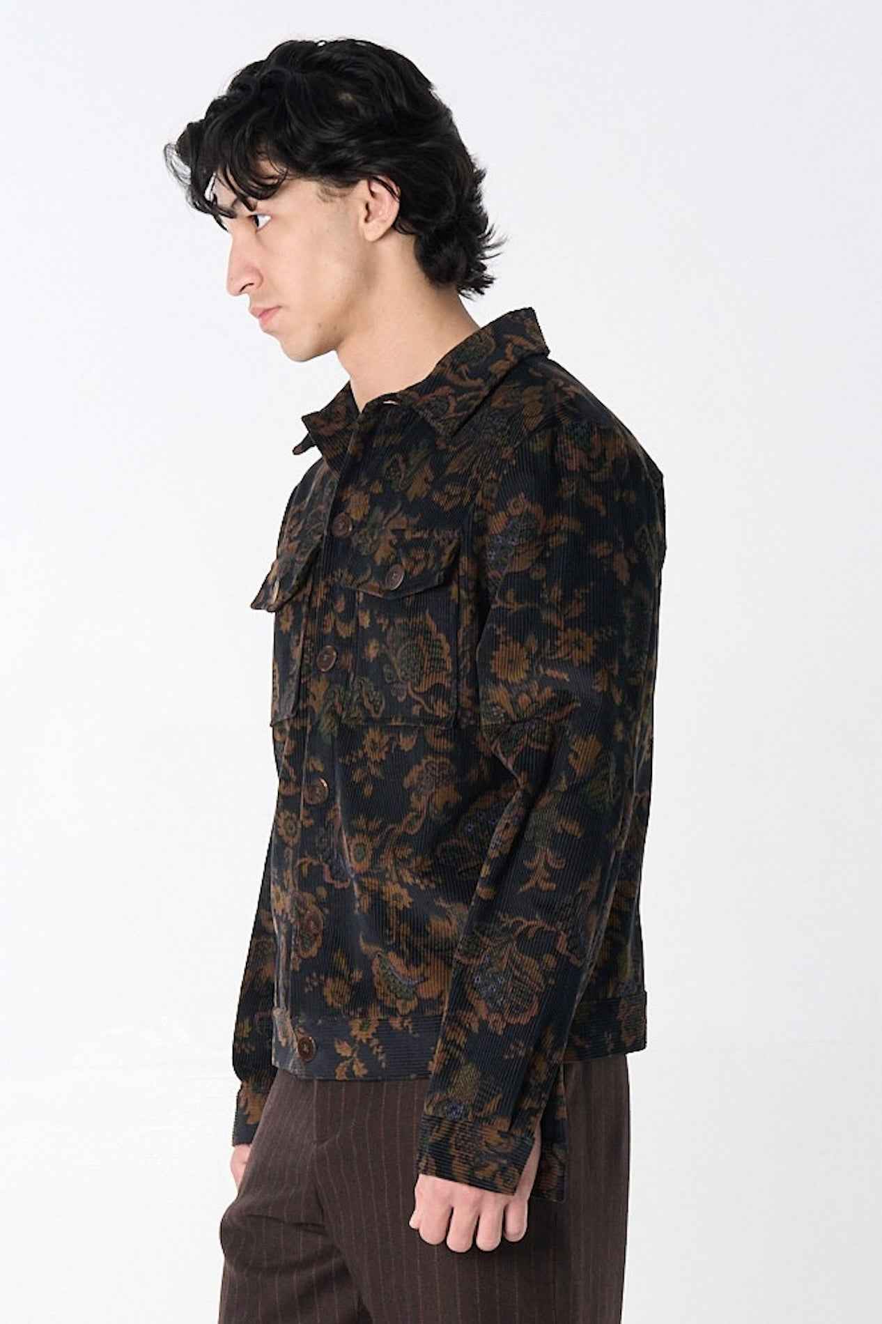 "Dean" Jacket in Black and Brown Calico Floral Corduroy
