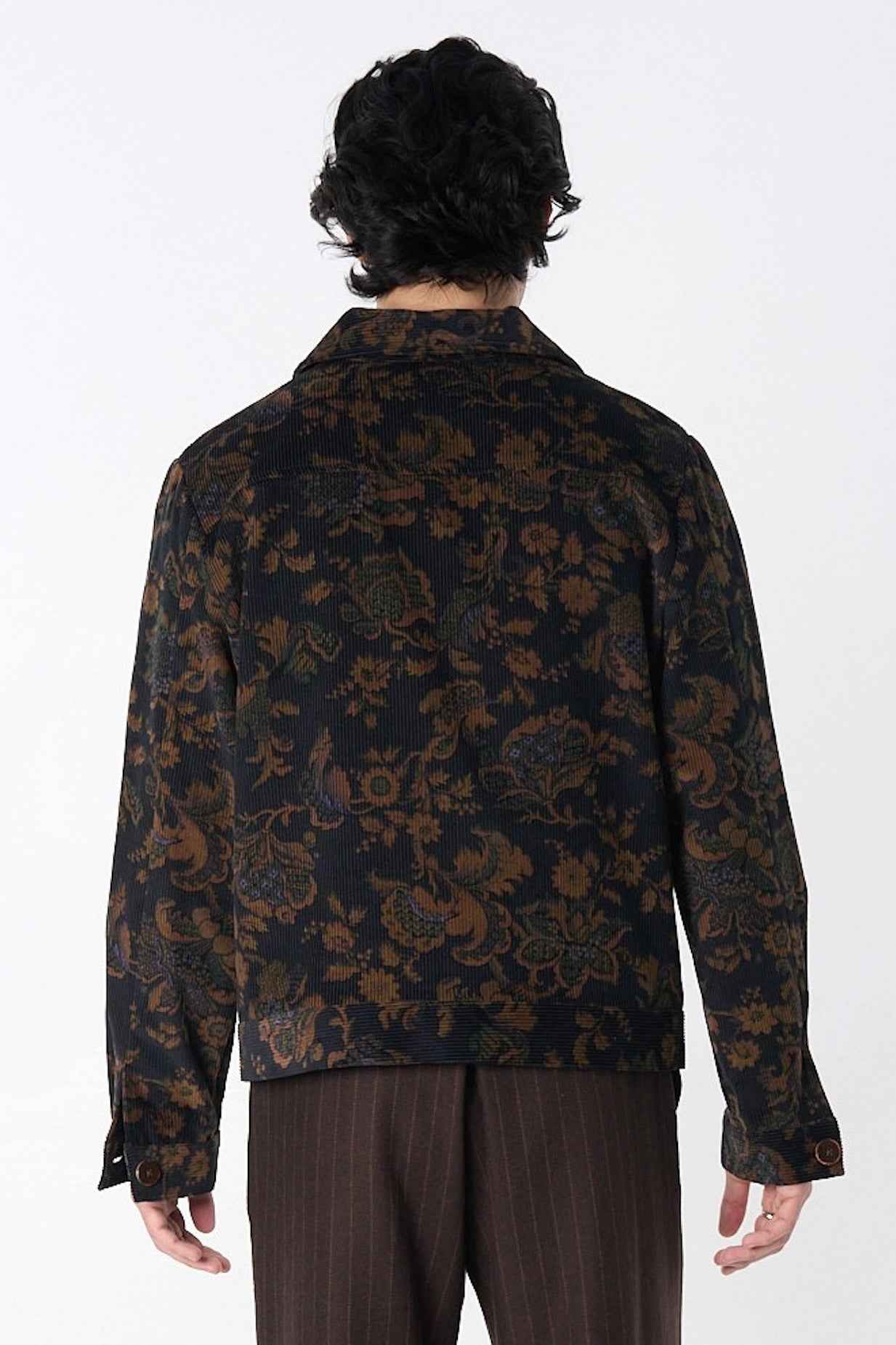 "Dean" Jacket in Black and Brown Calico Floral Corduroy