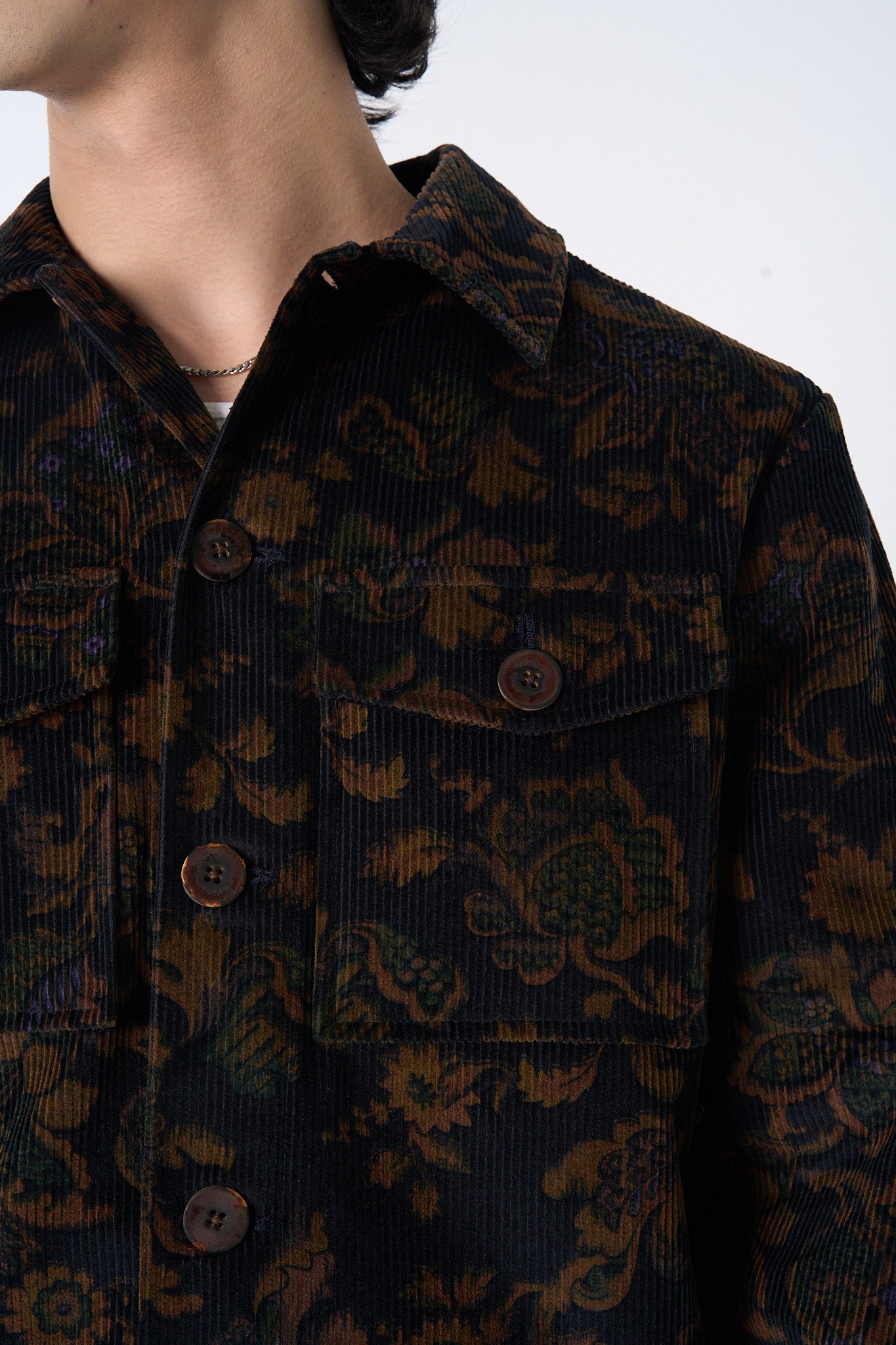 "Dean" Jacket in Black and Brown Calico Floral Corduroy