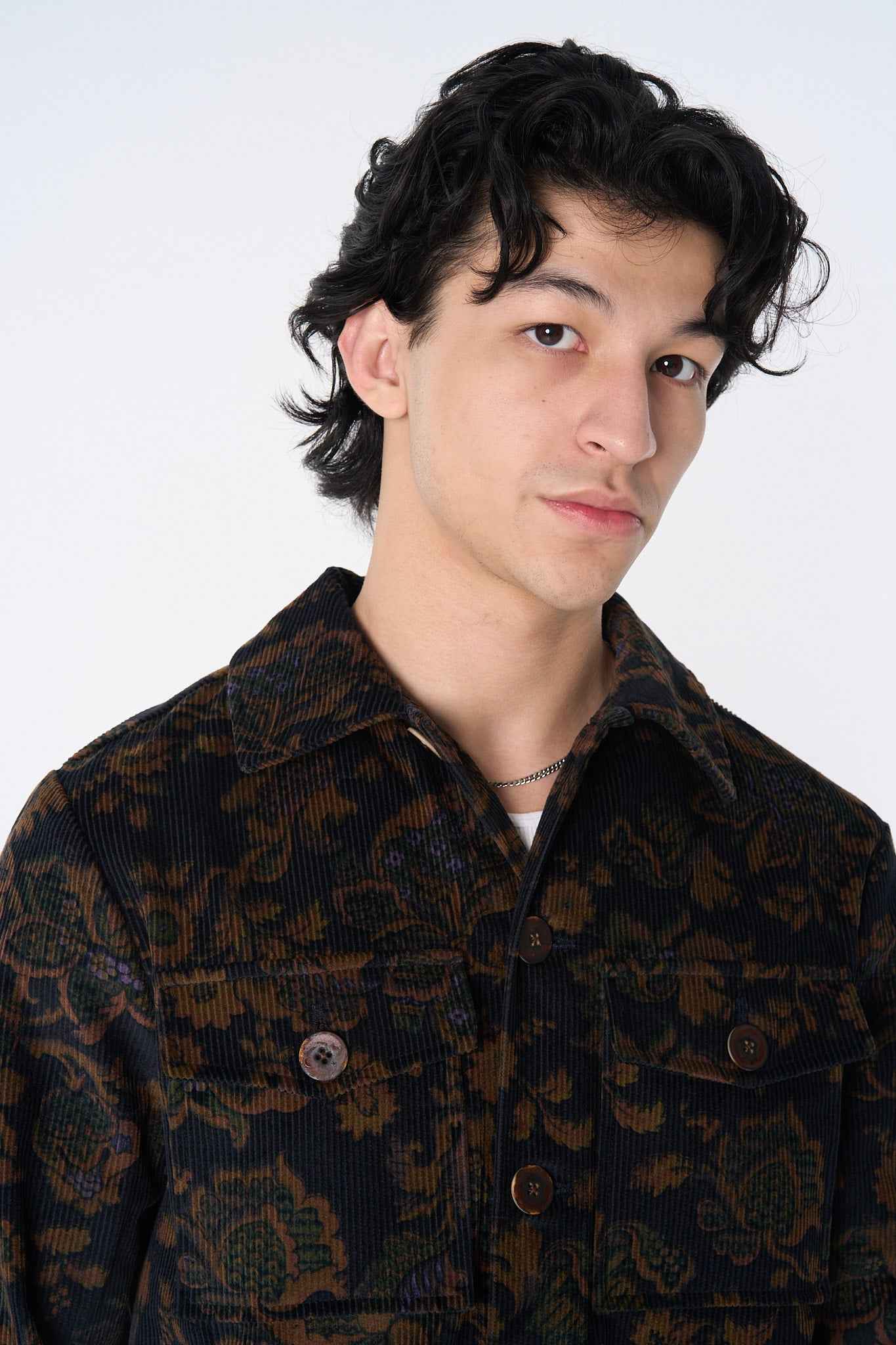 "Dean" Jacket in Black and Brown Calico Floral Corduroy
