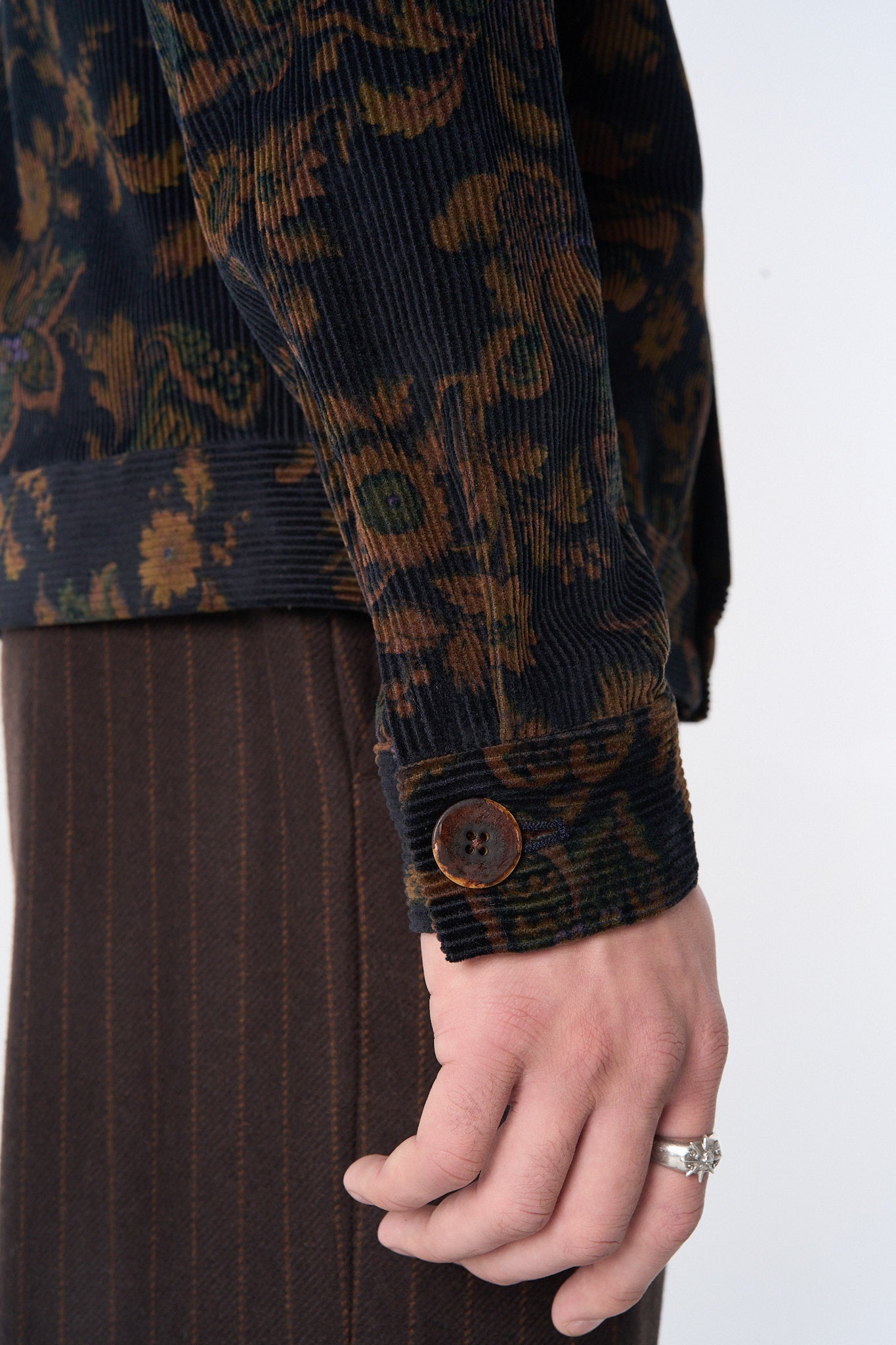 "Dean" Jacket in Black and Brown Calico Floral Corduroy