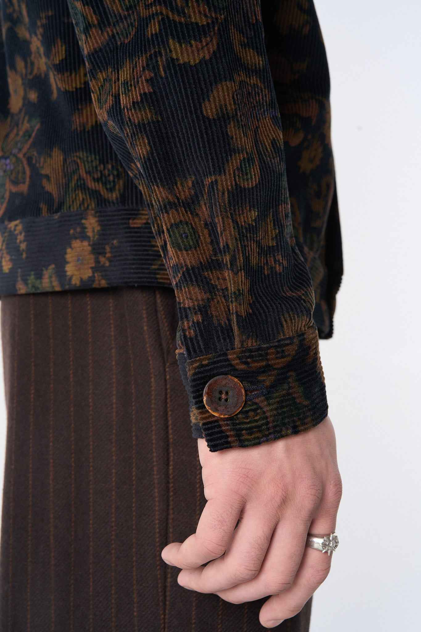 "Dean" Jacket in Black and Brown Calico Floral Corduroy