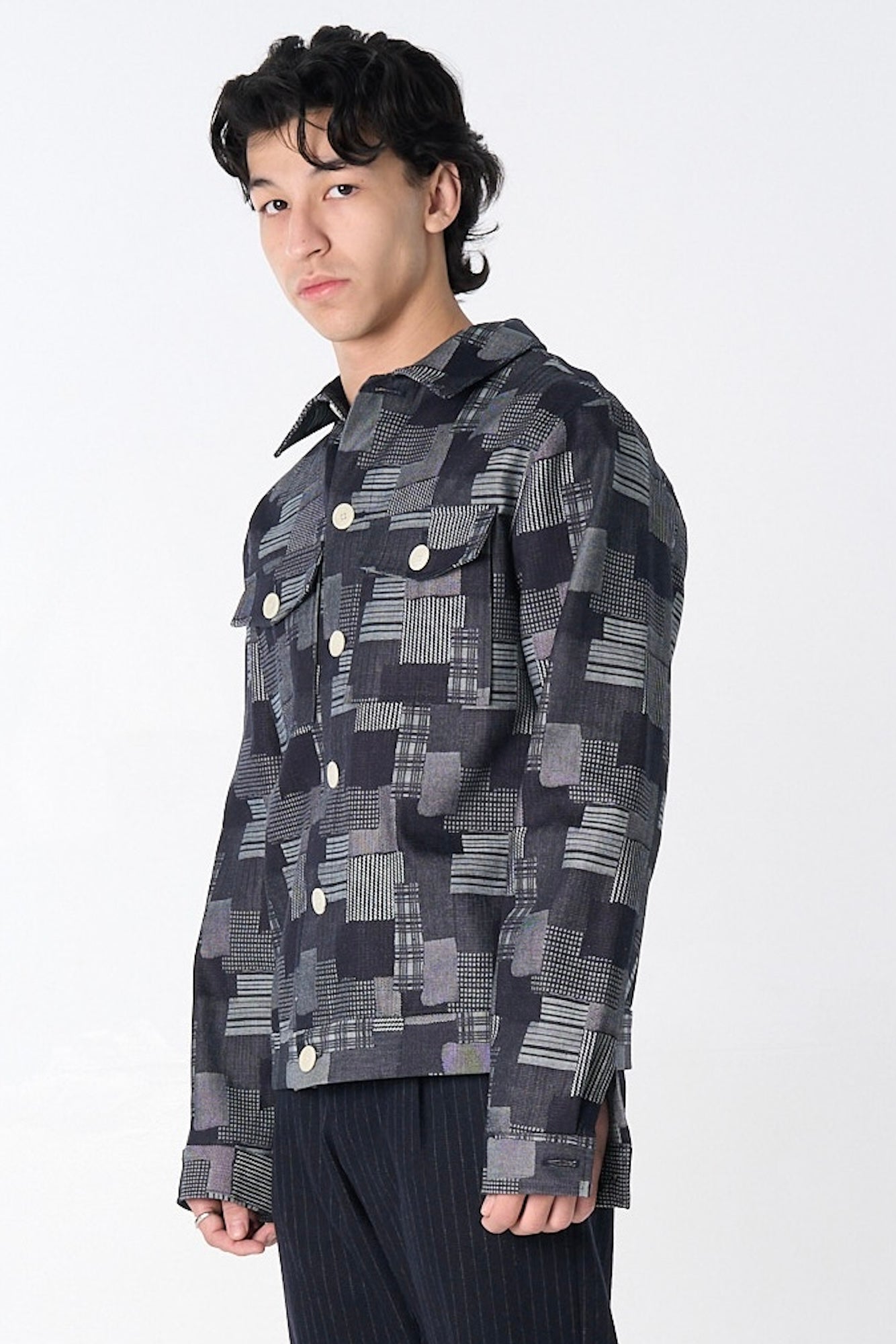 "Dean" Jacket in Dark Denim Patchwork Jacquard