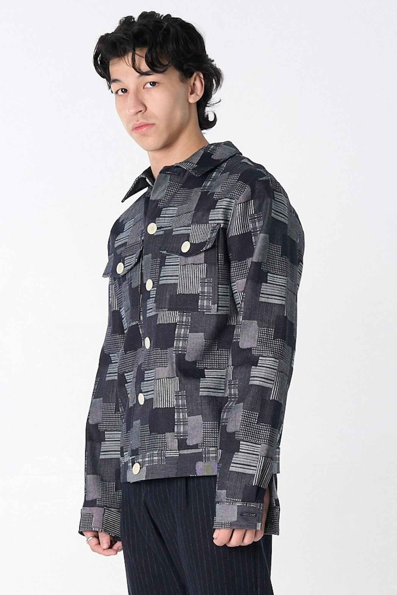 "Dean" Jacket in Dark Denim Patchwork Jacquard