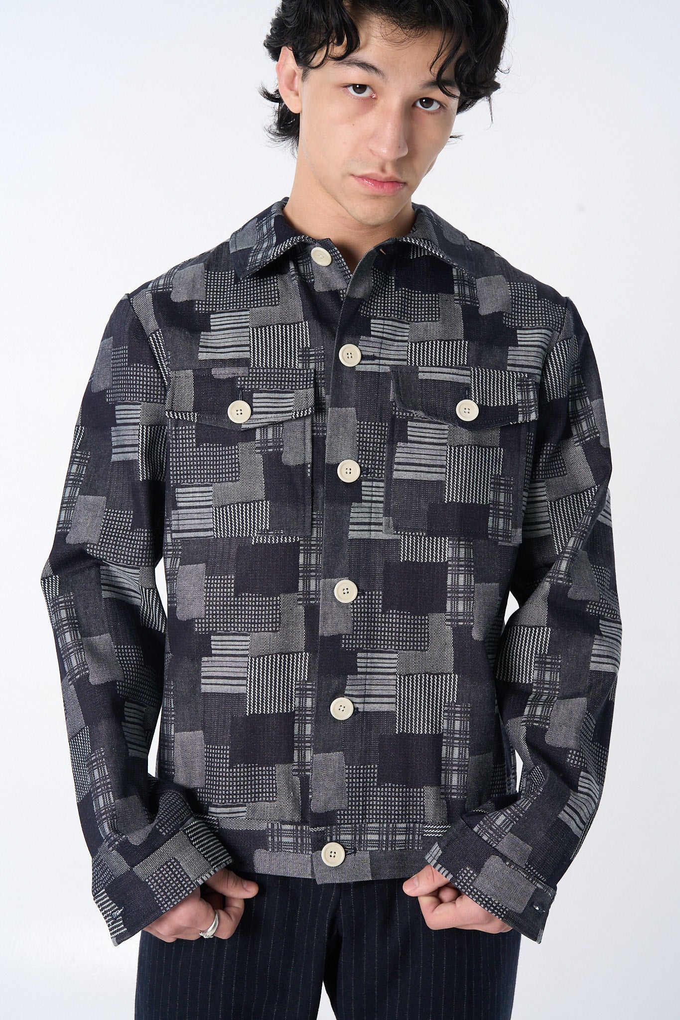 "Dean" Jacket in Dark Denim Patchwork Jacquard