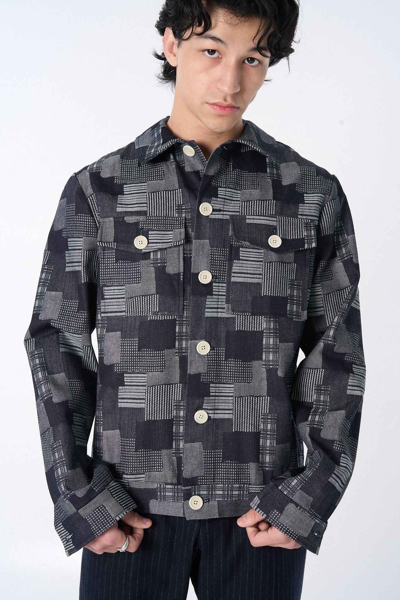 "Dean" Jacket in Dark Denim Patchwork Jacquard