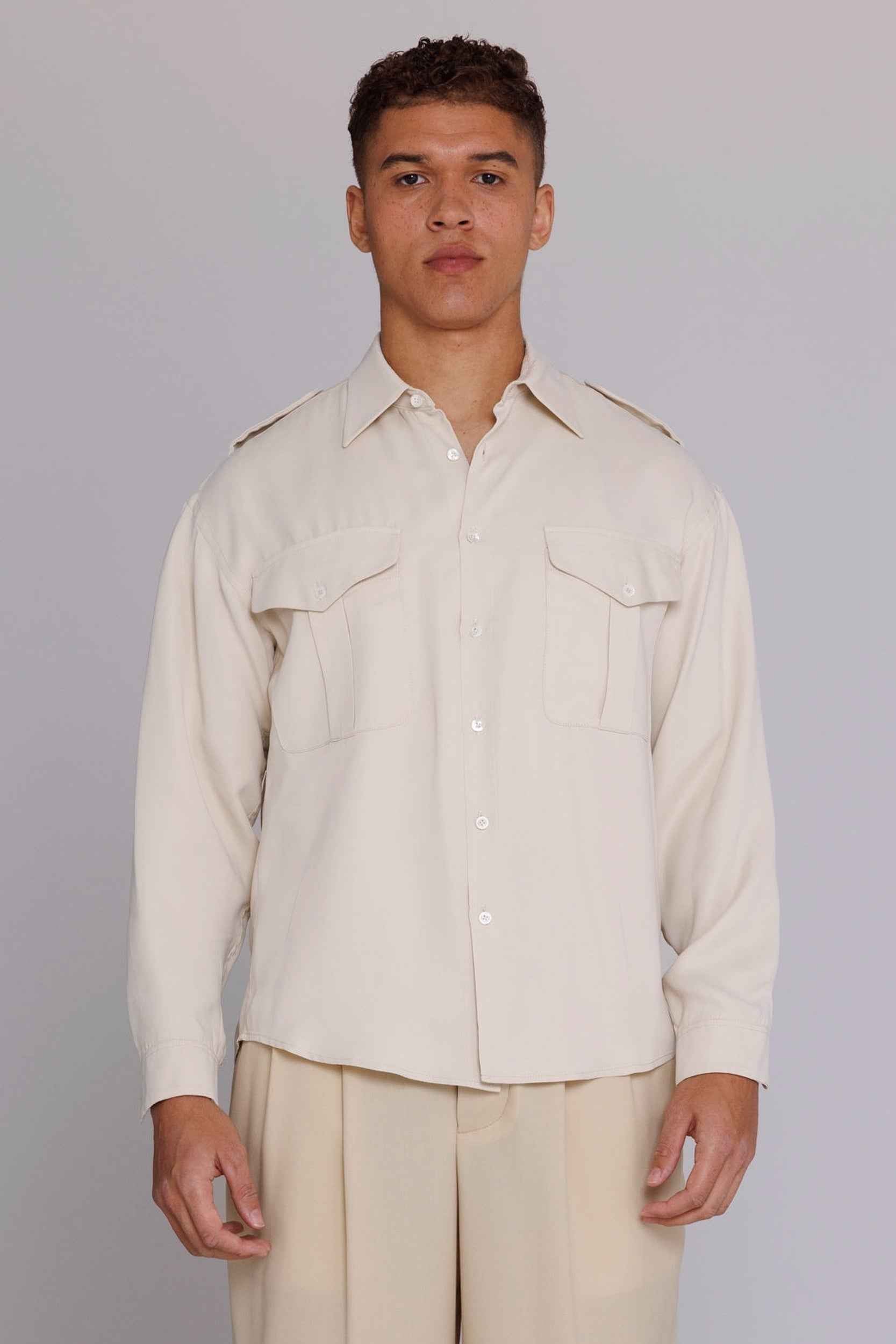 “Jones” Safari Shirt in Natural Satin