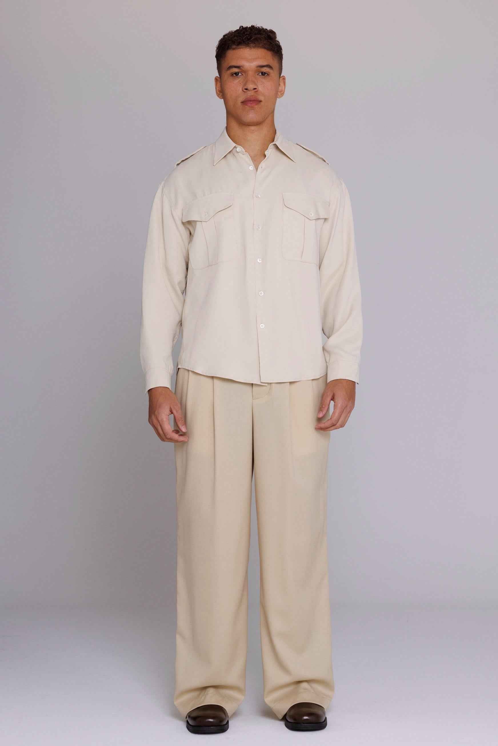 “Jones” Safari Shirt in Natural Satin
