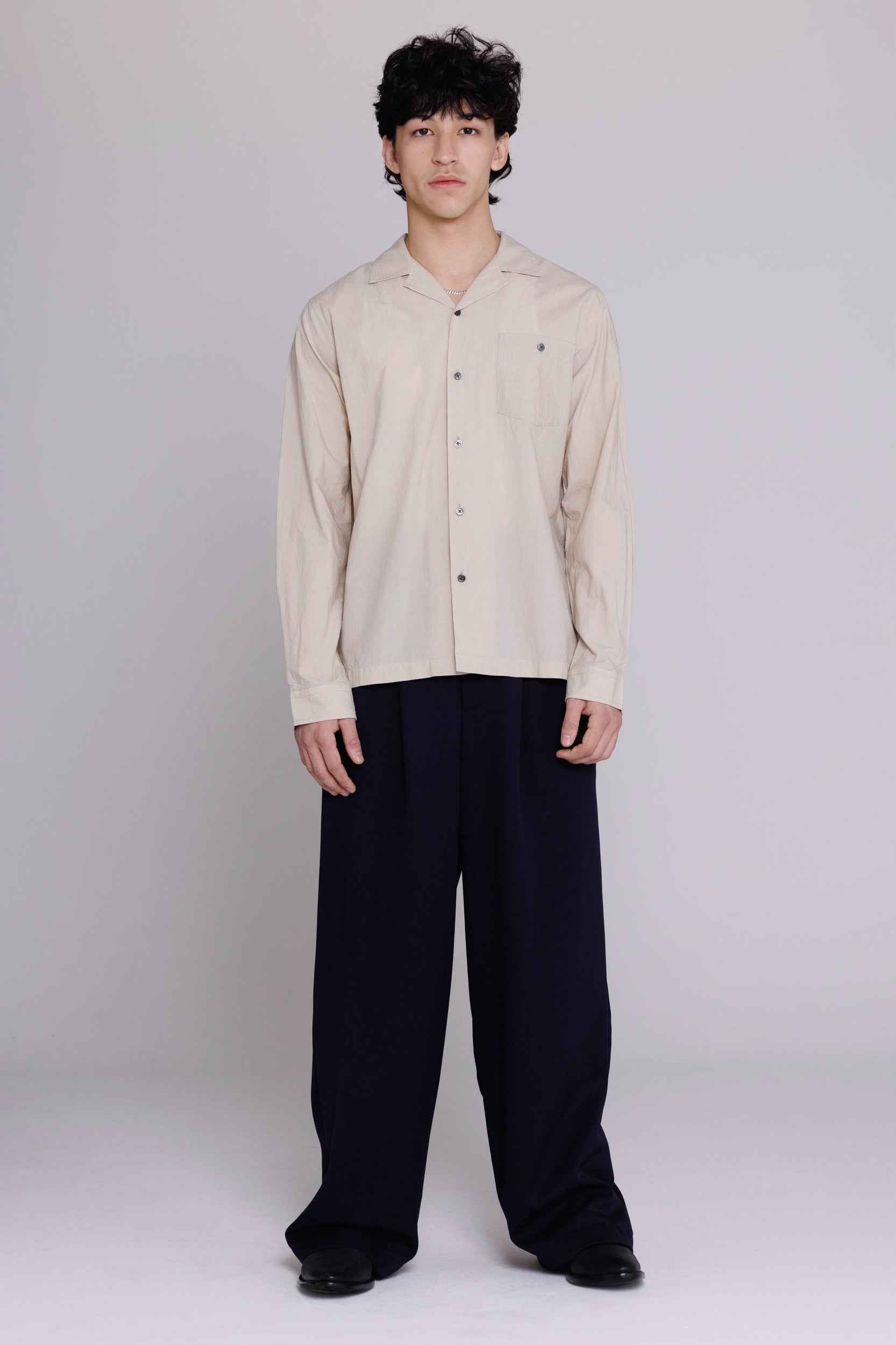 “Reinaldo” Convertible-Collar Shirt in Natural Khaki