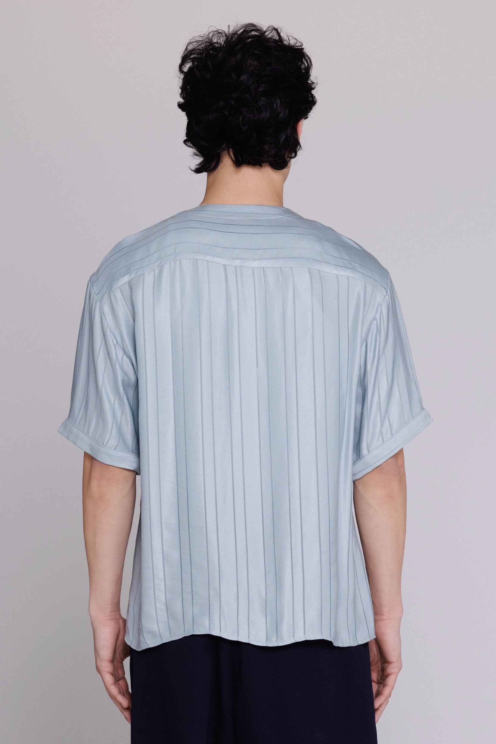 "Valenzuela" Baseball Collar Shirt in Blue Satin Stripe