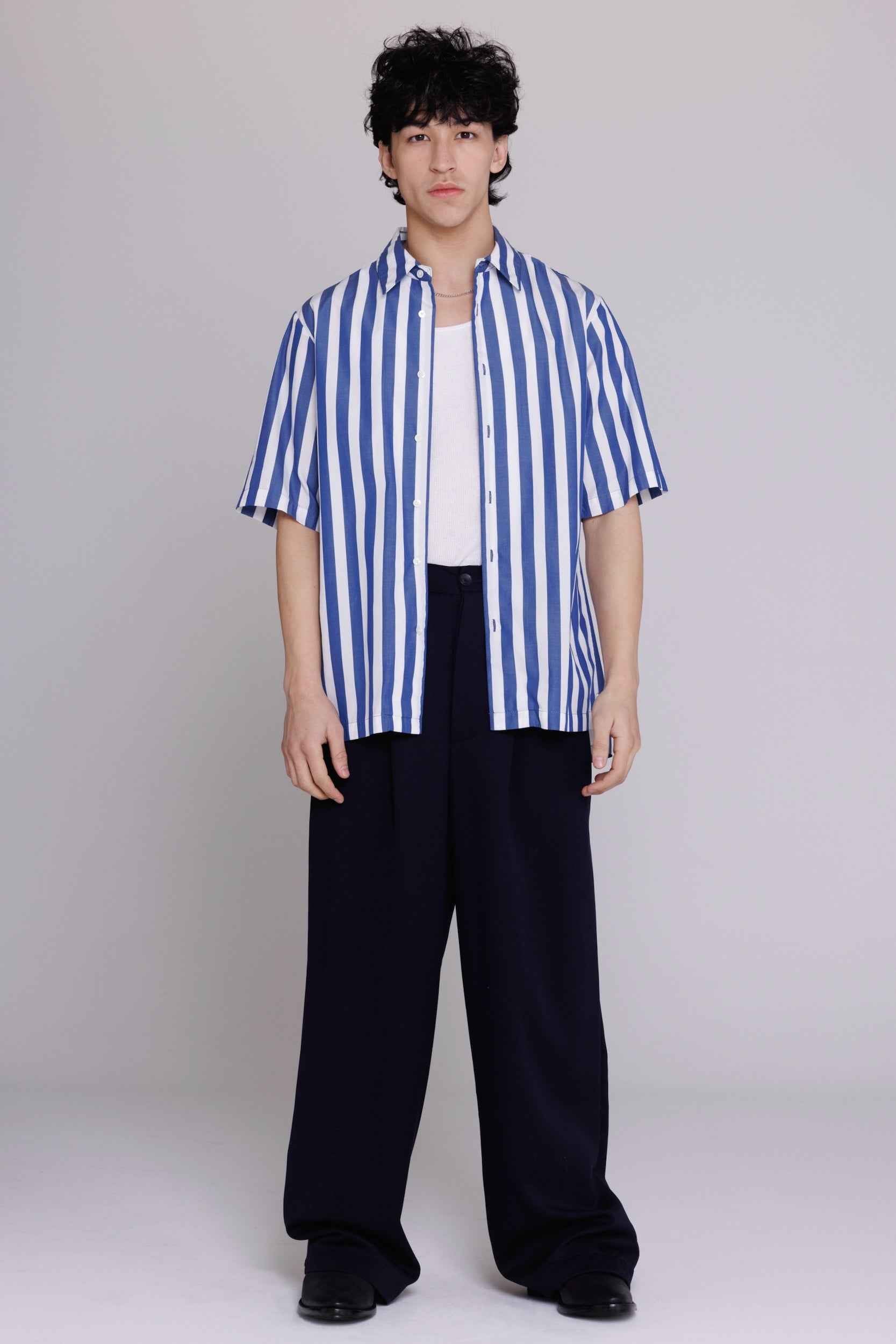 "Flowers" Button Up Shirt in Blue & White Bar Stripes