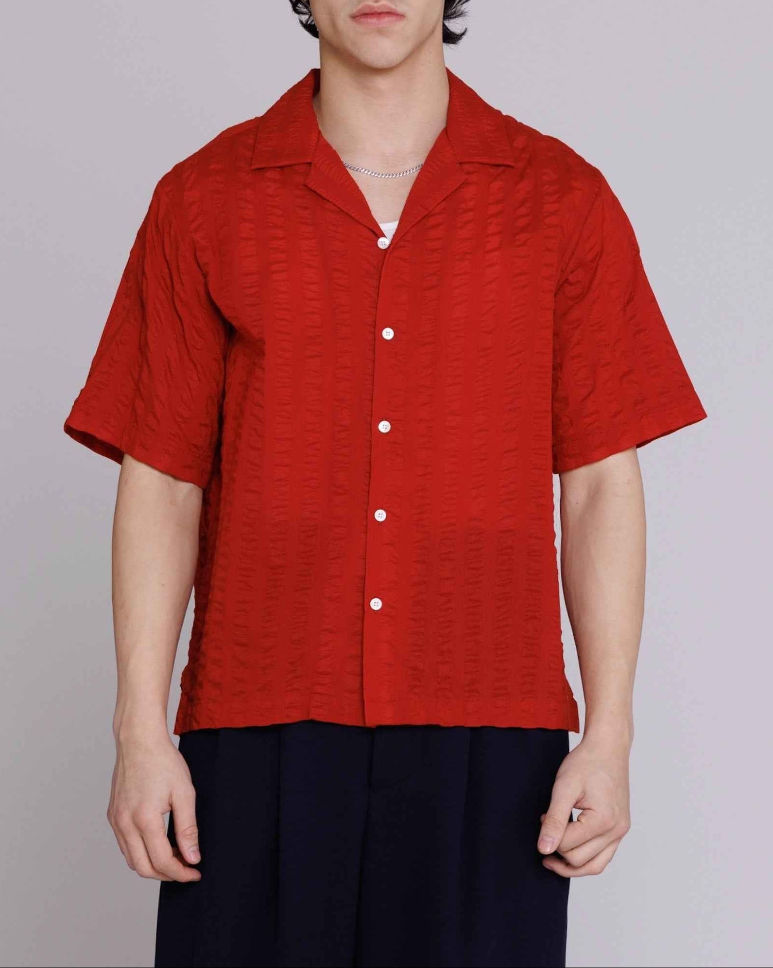 Arnaz Resort Shirt in cherry red seersucker with wide bold stripes, cropped fit, displayed on model.
