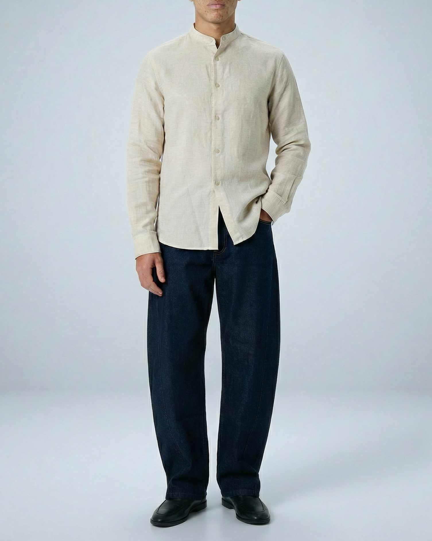 Liam band collar vintage cream long sleeve shirt in cotton linen, relaxed fit, shown on model in neutral pose