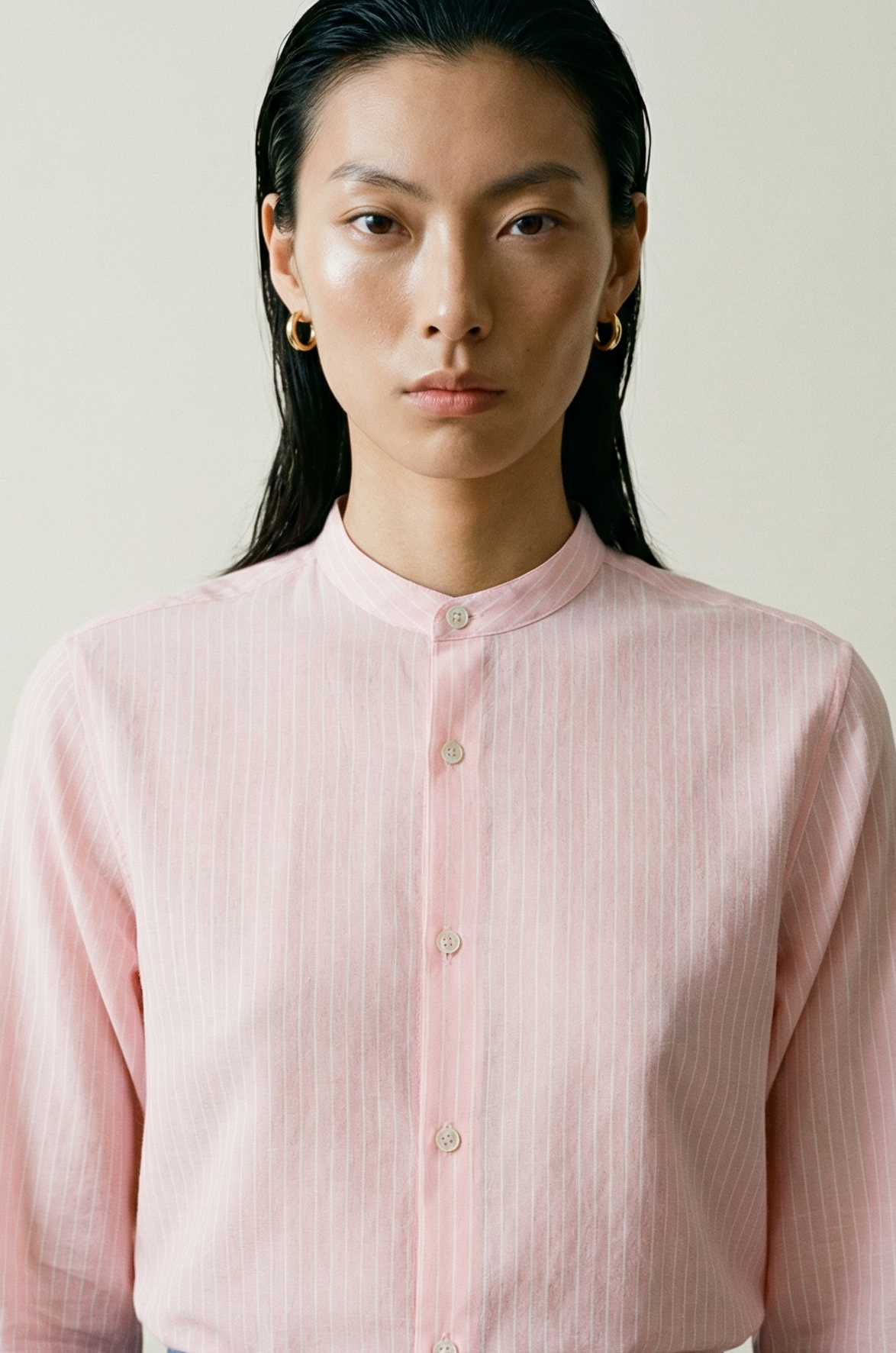 'Liam' Band Collar Blush / White Stripe Long Sleeve Shirt