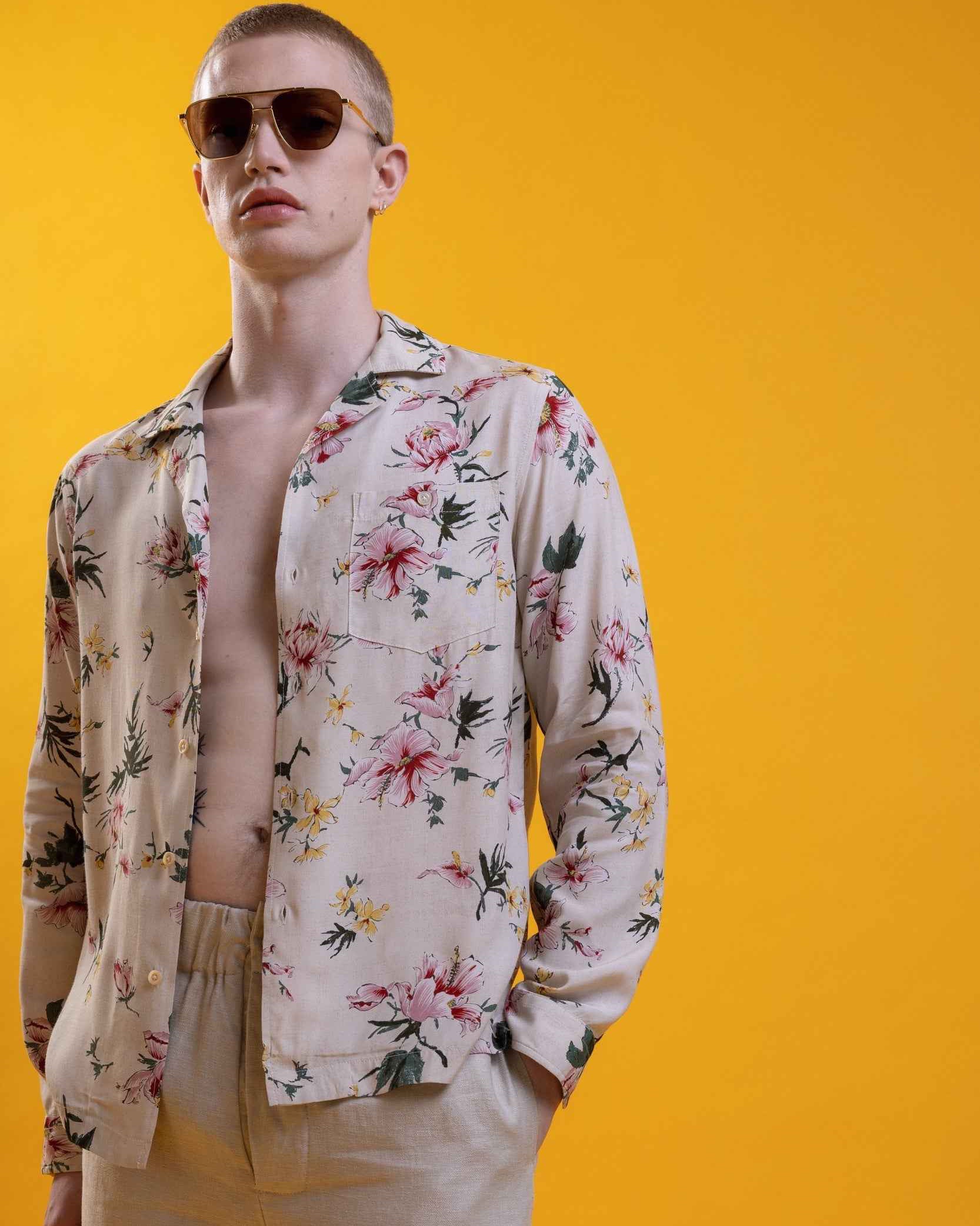 Reinaldo convertible-collar shirt in natural rayon with red ukiyoe hibiscus print, relaxed fit, shown on model.