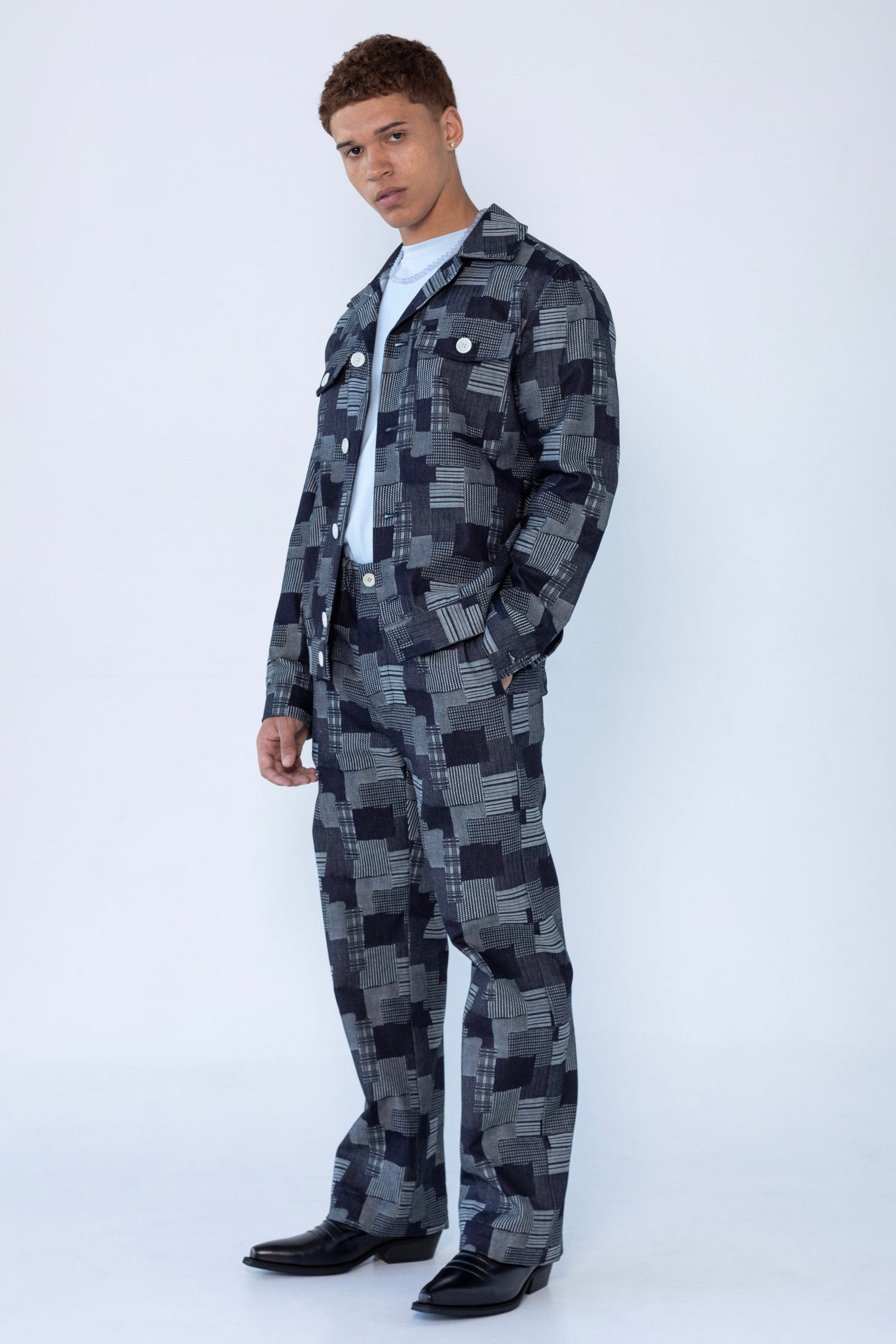 "Dean" Jacket in Dark Denim Patchwork Jacquard