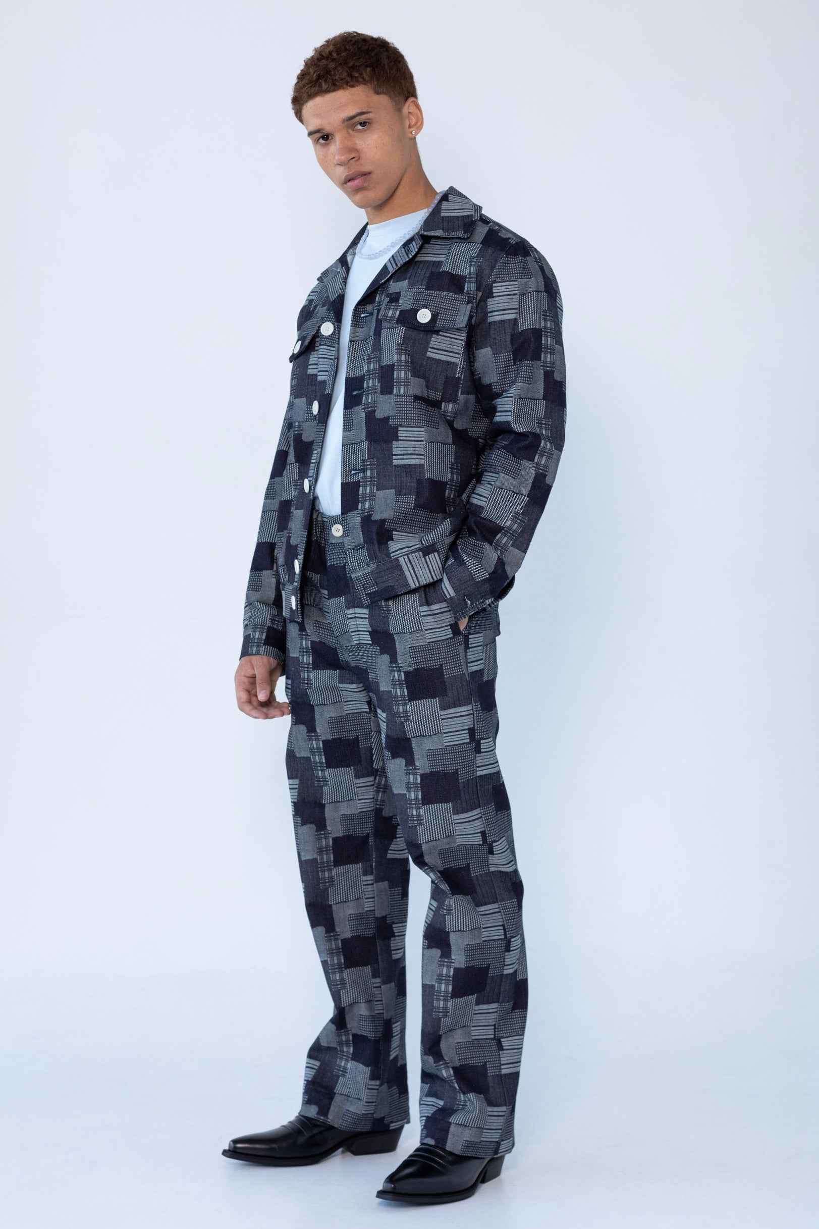 "Dean" Jacket in Dark Denim Patchwork Jacquard