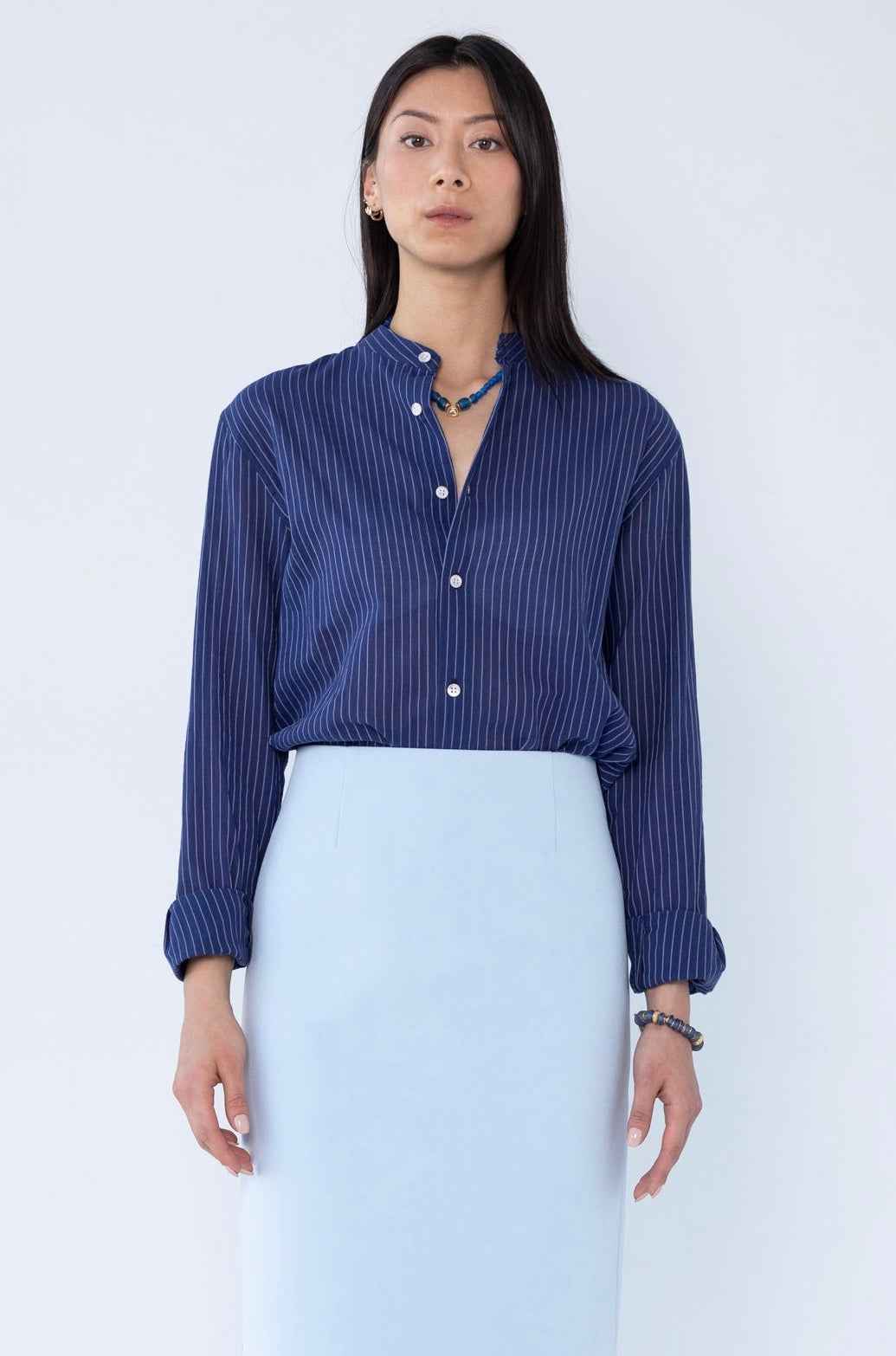 'Liam' Band Collar Blue / White Stripe Long Sleeve Shirt