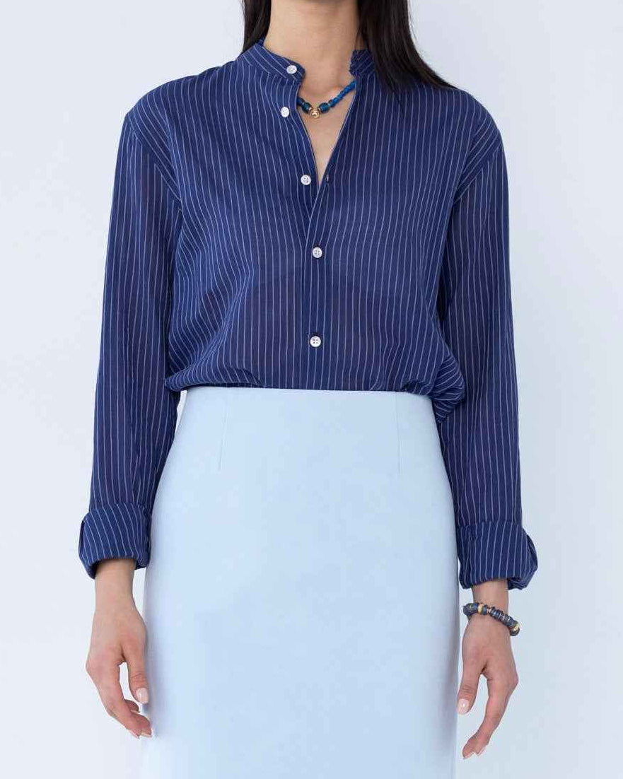 'Liam' Band Collar Blue / White Stripe Long Sleeve Shirt