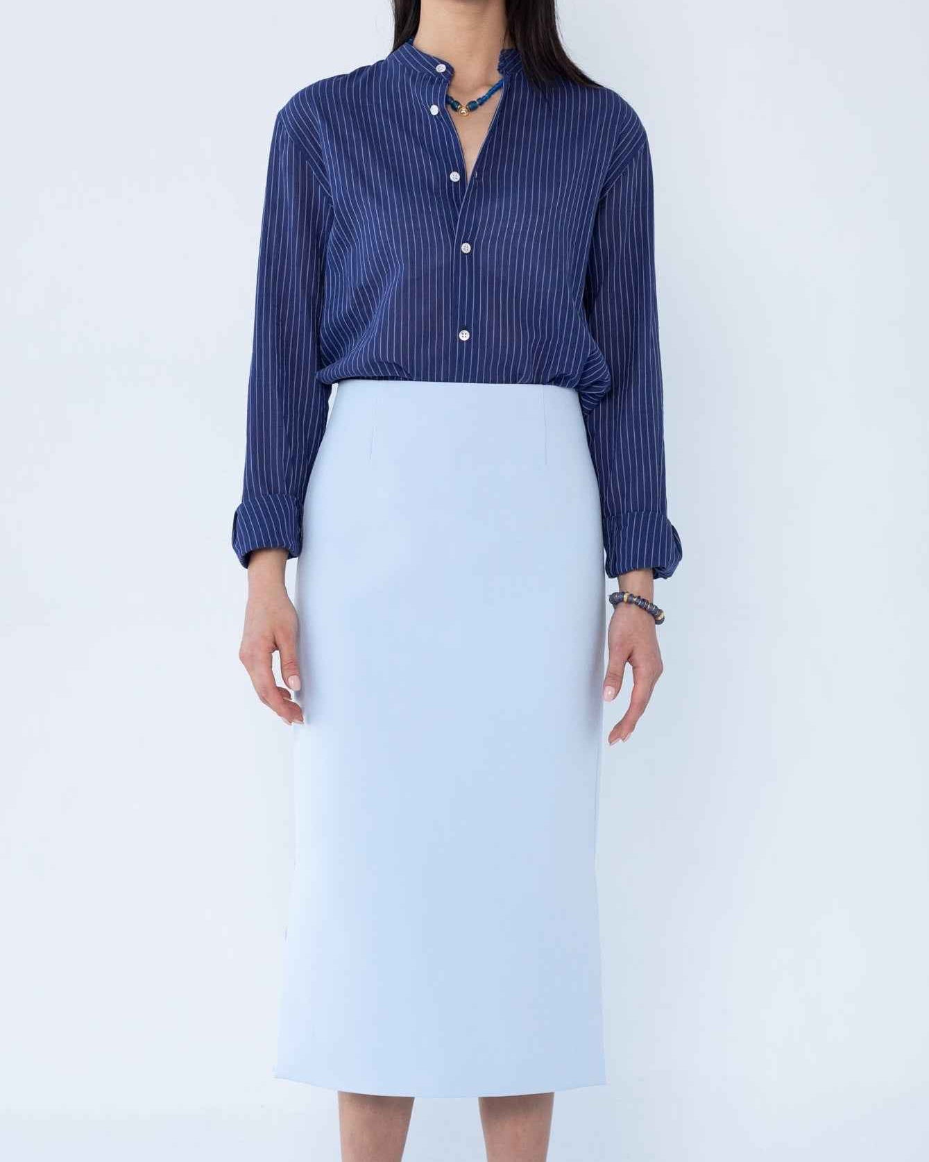 'Liam' Band Collar Blue / White Stripe Long Sleeve Shirt