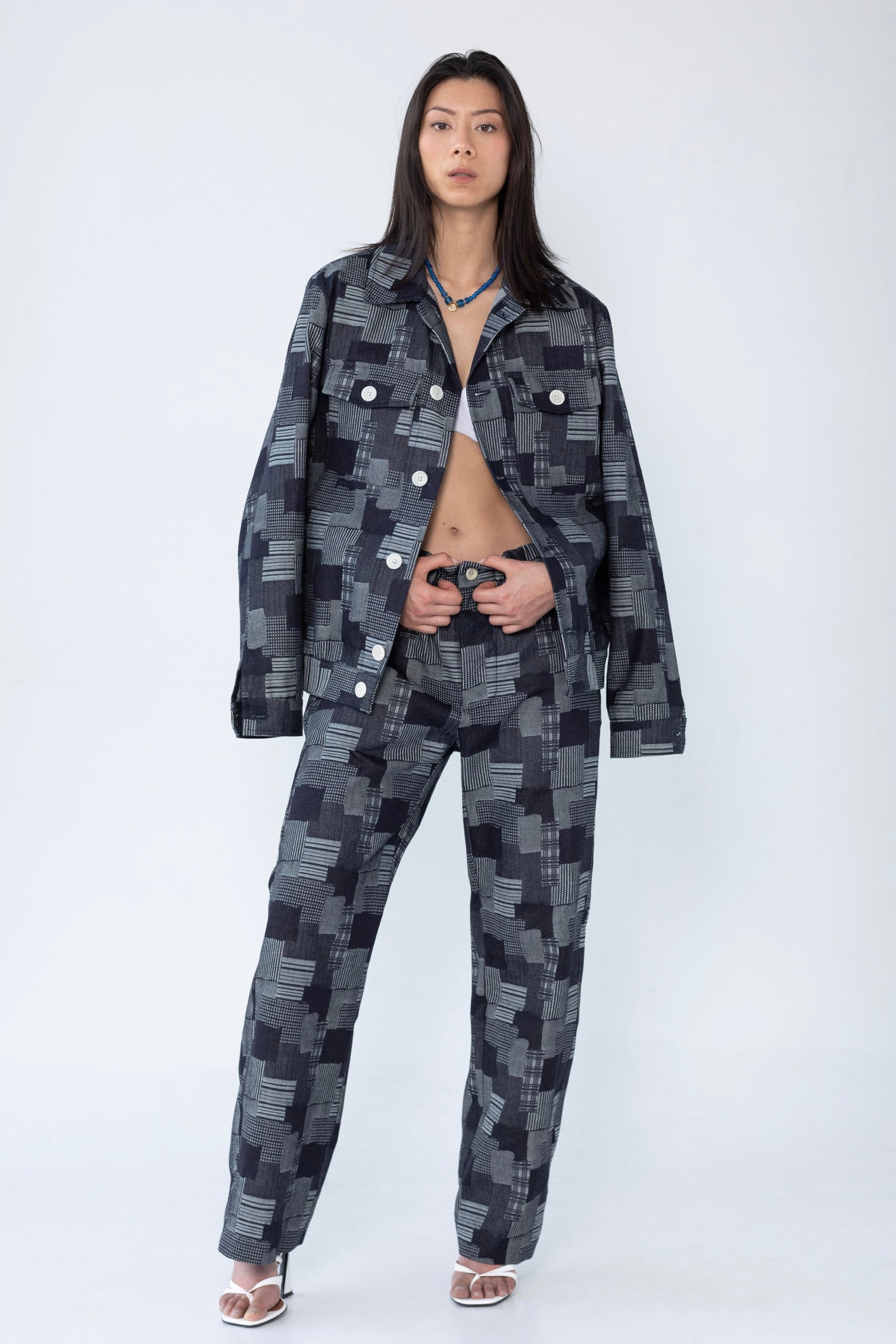 "Dean" Jacket in Dark Denim Patchwork Jacquard