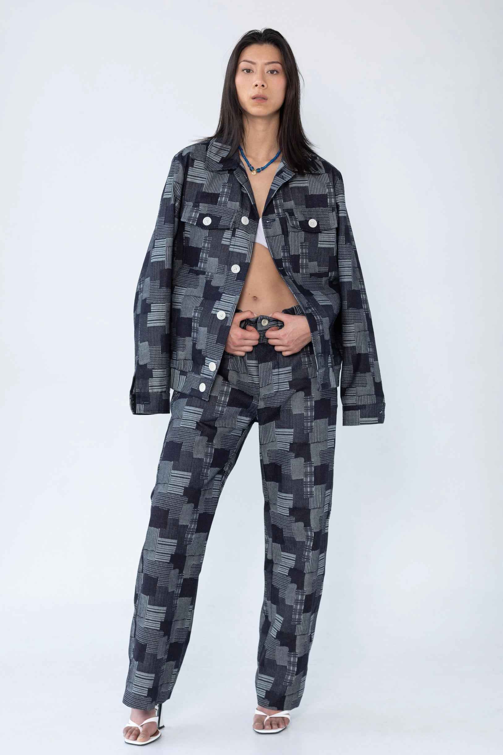 "Dean" Jacket in Dark Denim Patchwork Jacquard