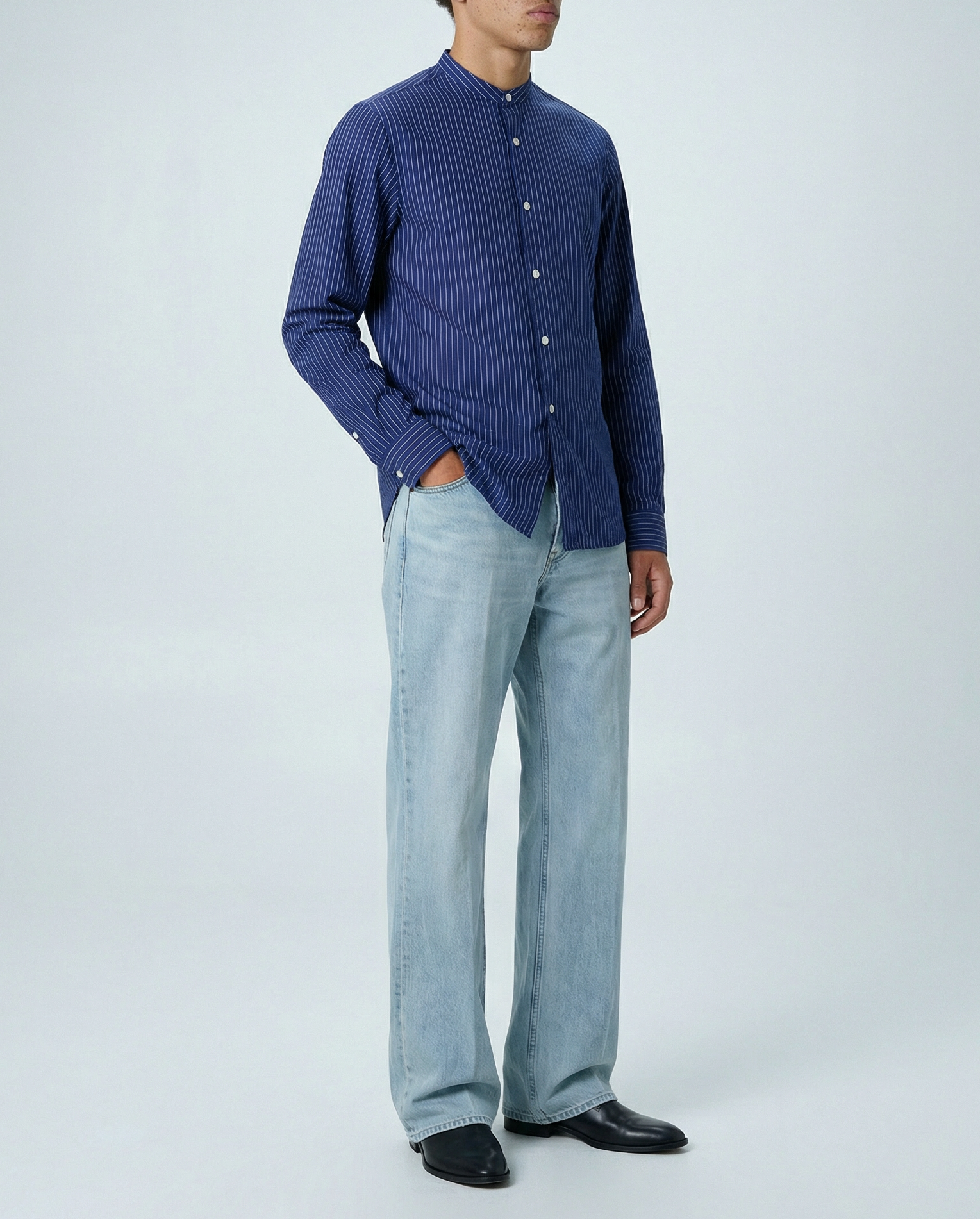 'Liam' Band Collar Blue / White Stripe Long Sleeve Shirt