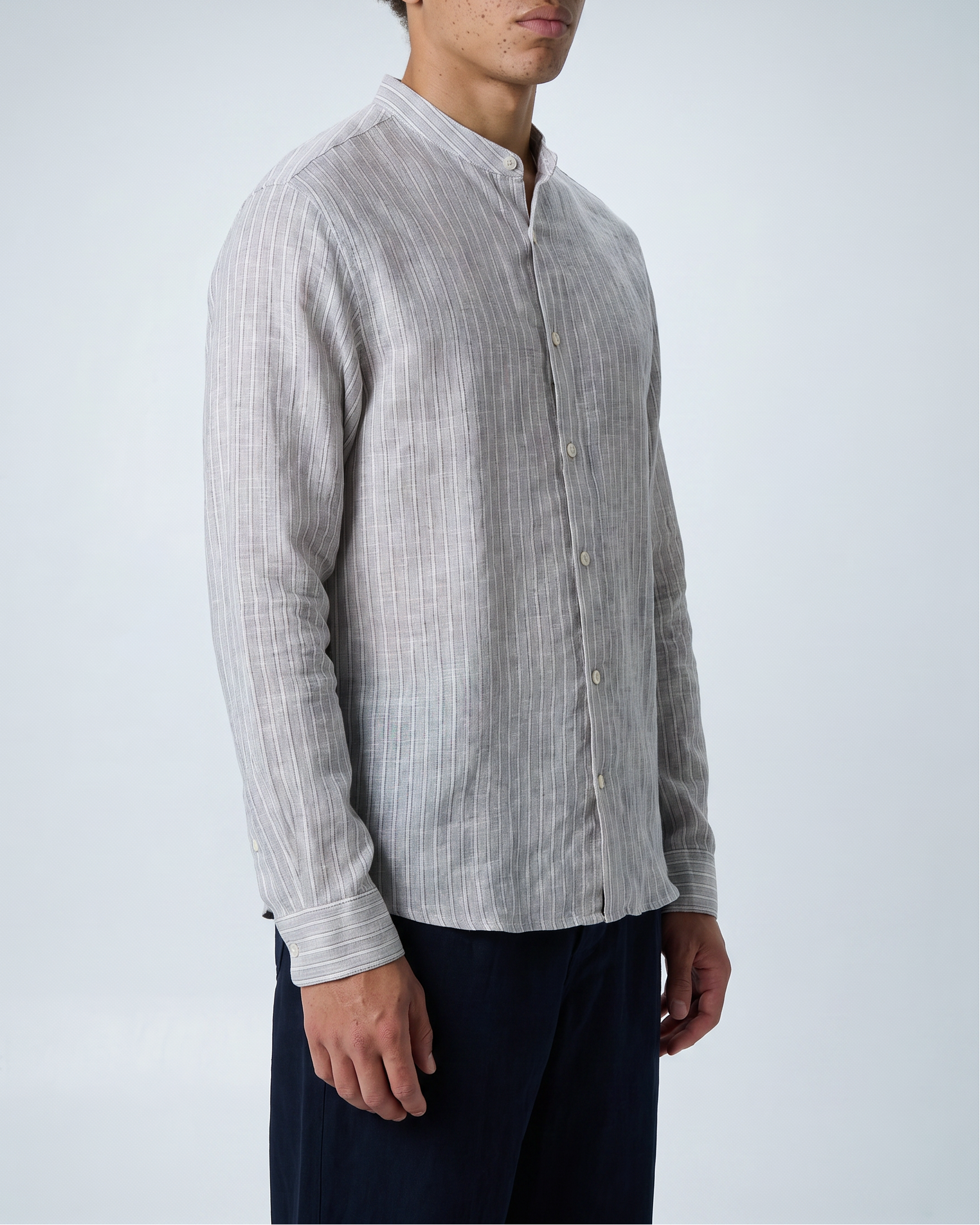 'Liam' Band Collar Light Grey and White Linen Stripe Long Sleeve Shirt