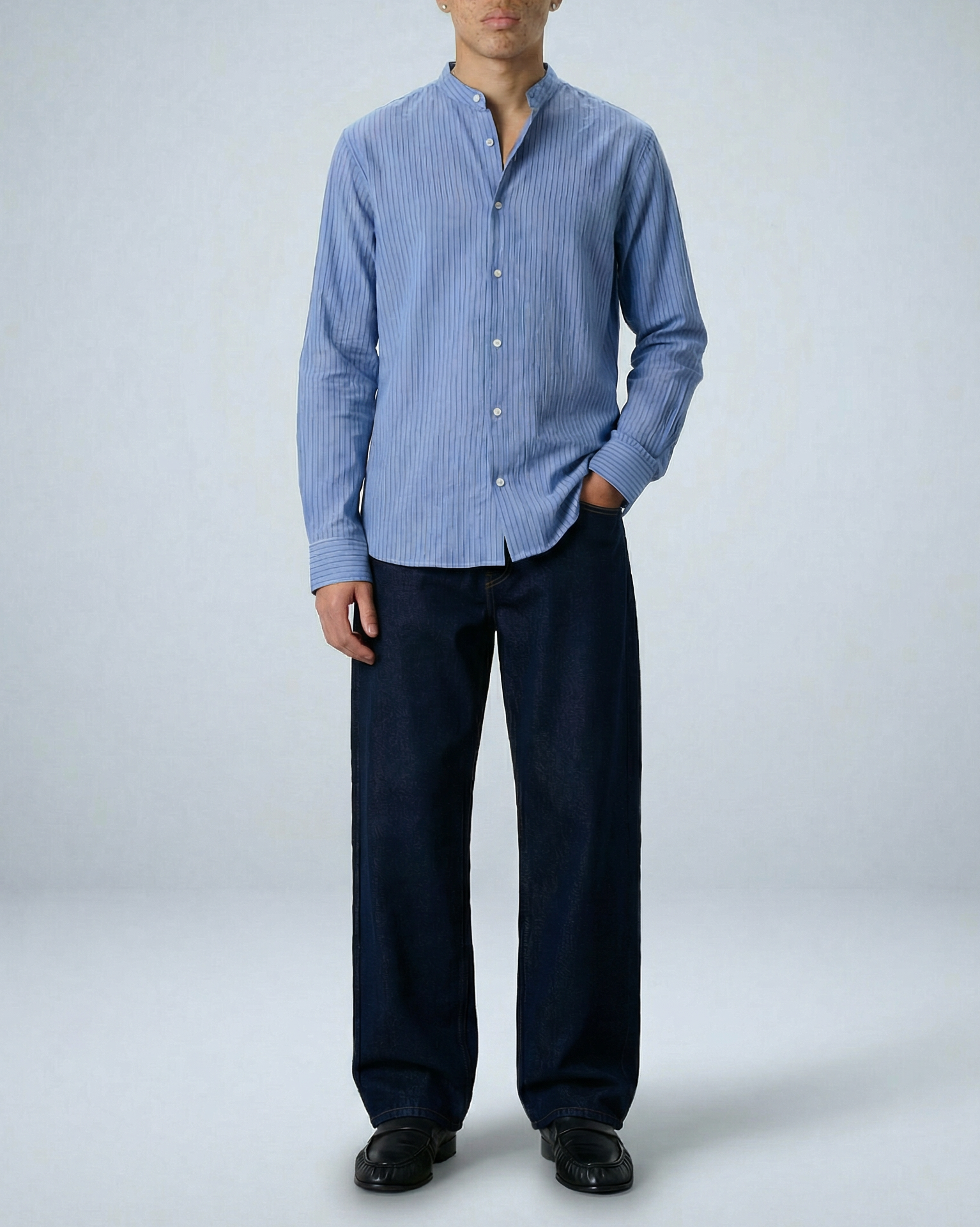 'Liam' Band Collar Light Blue / Blue Stripe Long Sleeve Shirt