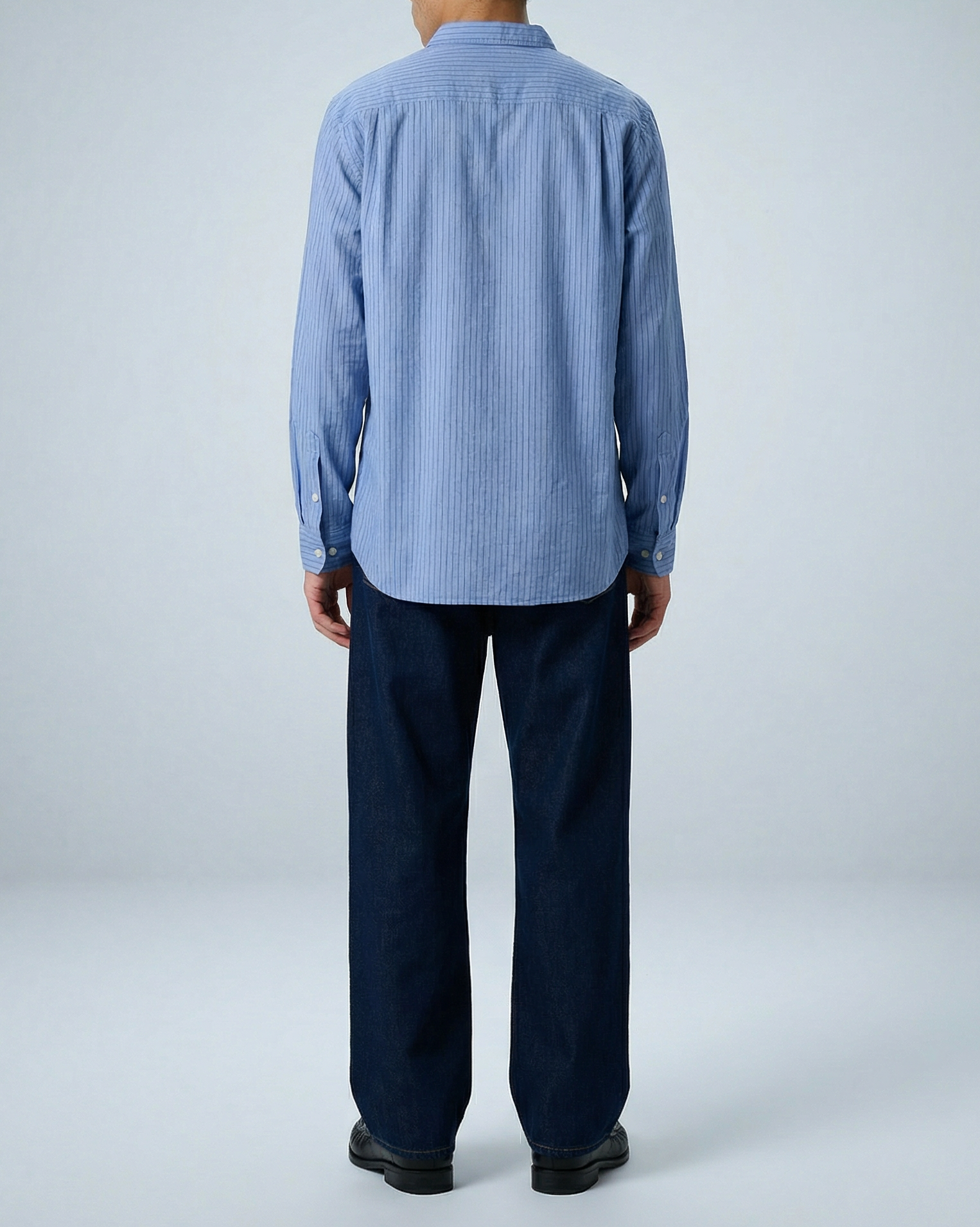 'Liam' Band Collar Light Blue / Blue Stripe Long Sleeve Shirt