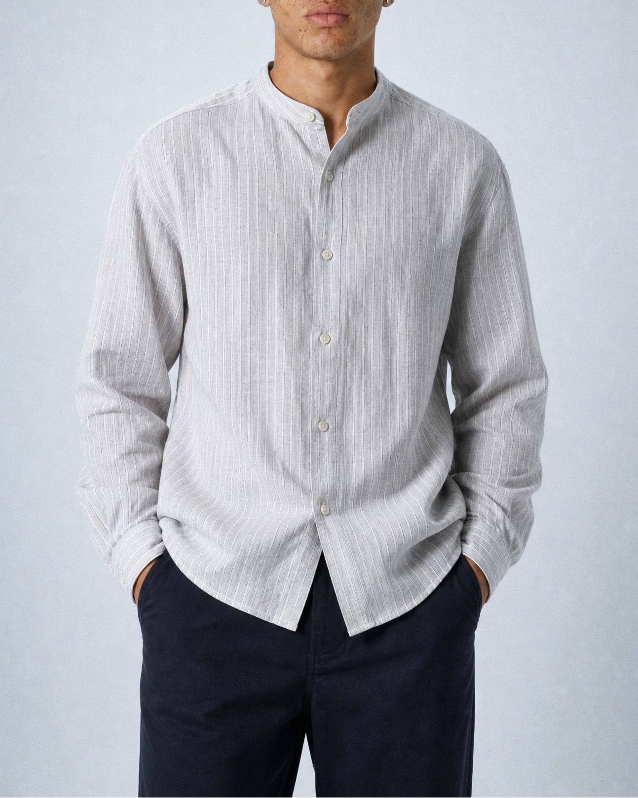 'Liam' Band Collar Light Grey and White Linen Stripe Long Sleeve Shirt