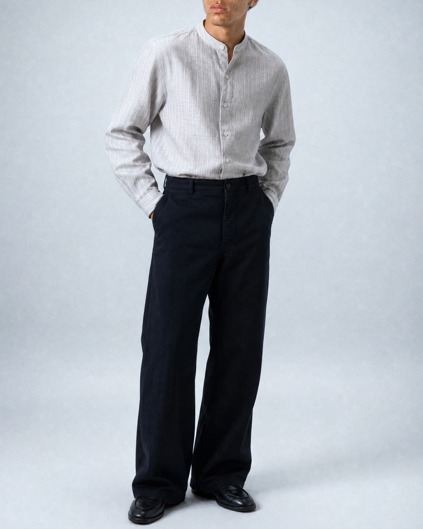 'Liam' Band Collar Light Grey and White Linen Stripe Long Sleeve Shirt