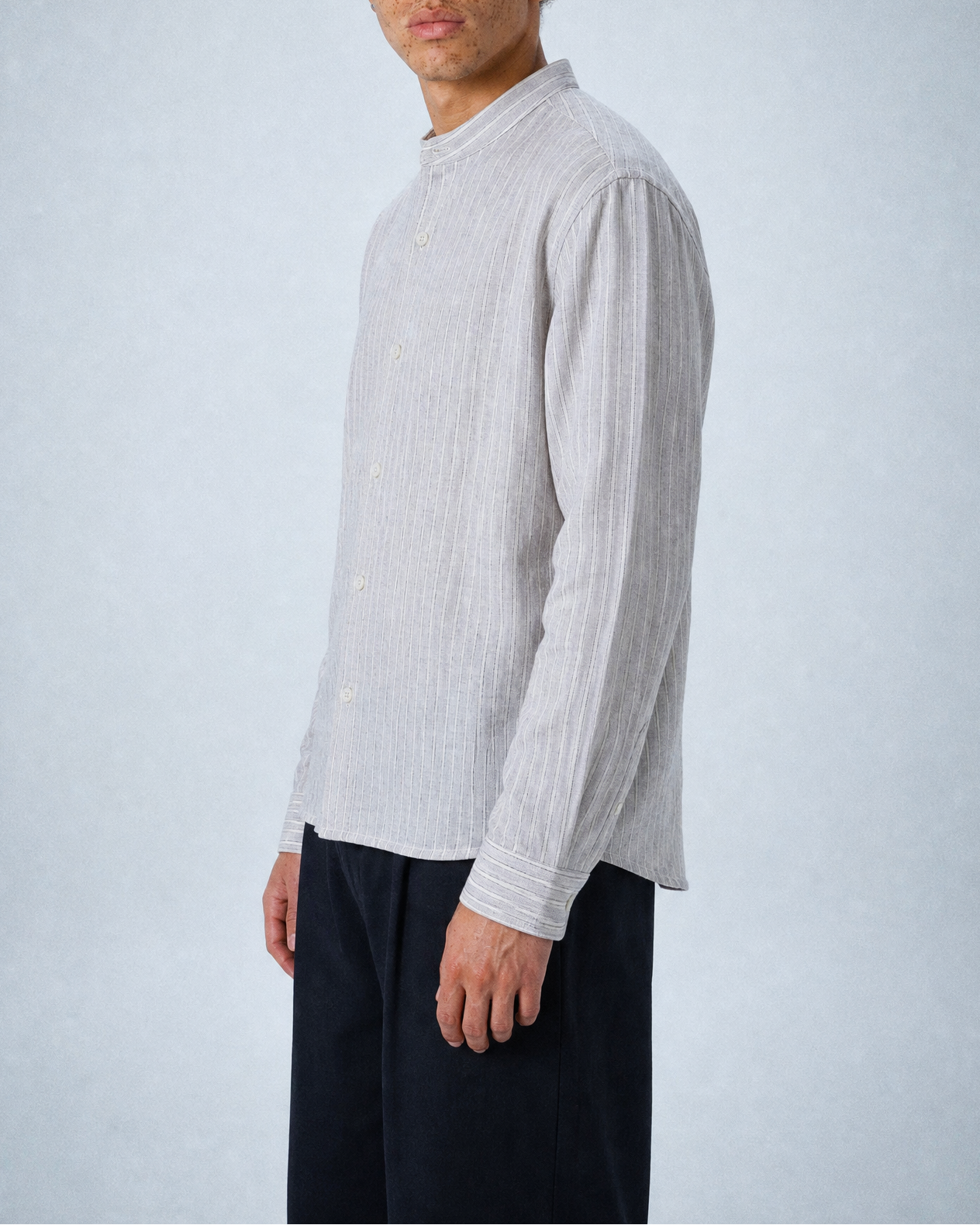 'Liam' Band Collar Light Grey and White Linen Stripe Long Sleeve Shirt