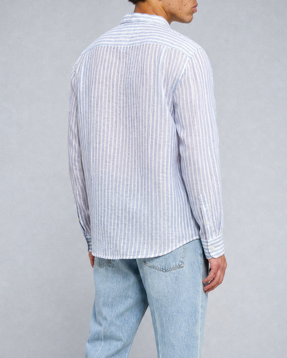 'Liam' Band Collar White and Blue Linen Stripe Long Sleeve Shirt