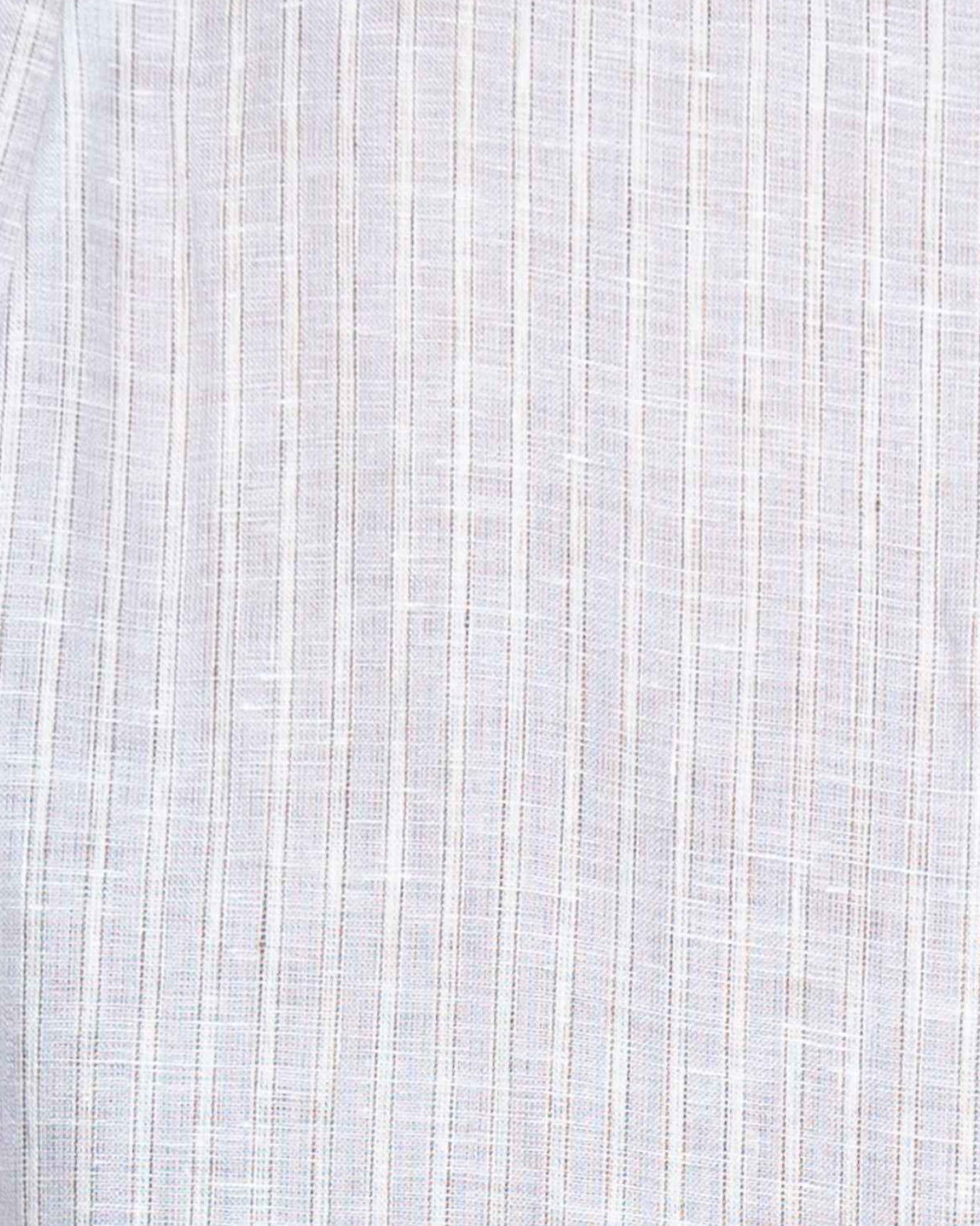 Liam band collar shirt in light grey and white linen stripe, relaxed fit, modeled on person with arms at sides