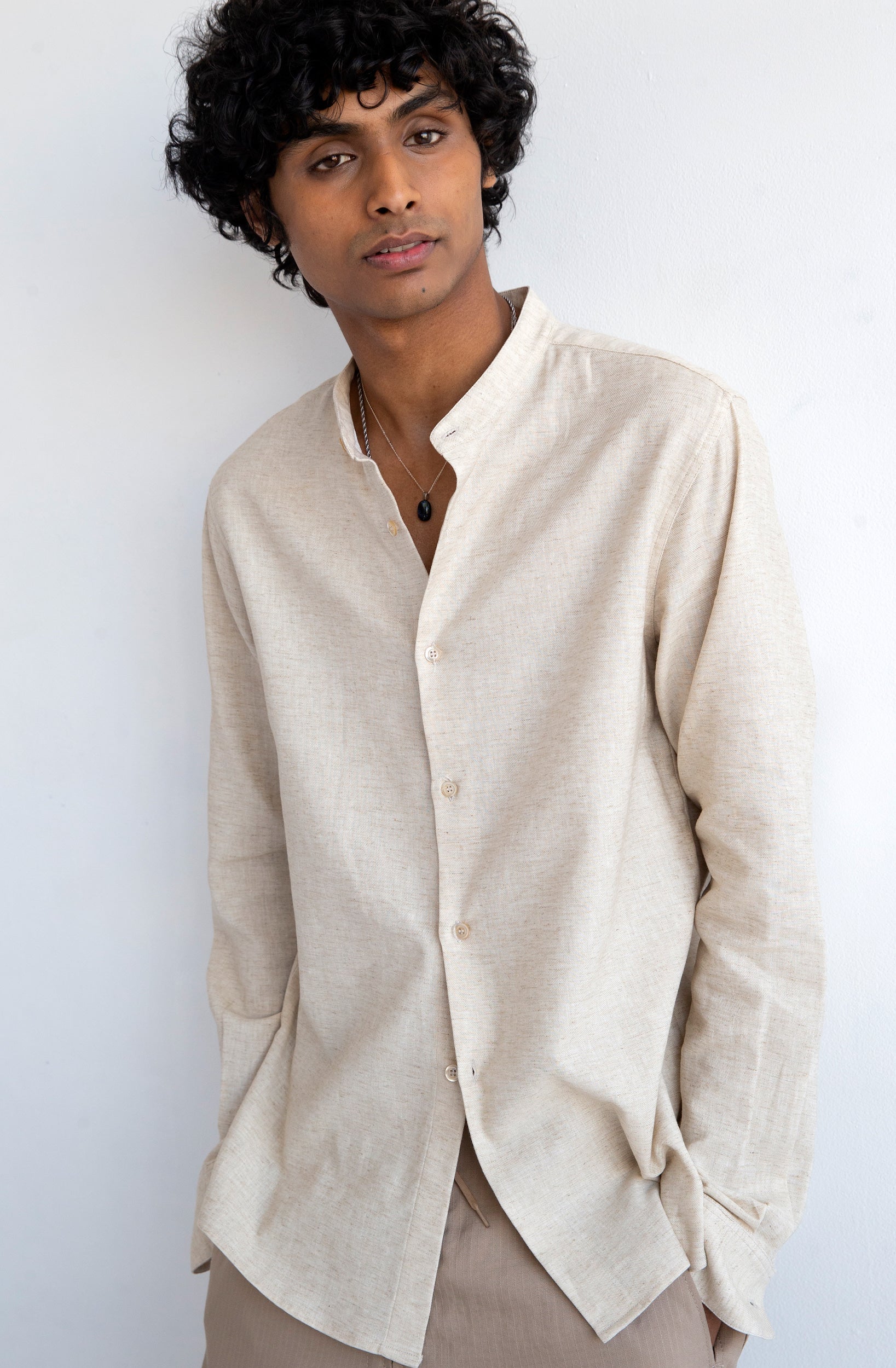 'Liam' Band Collar Vintage Cream Long Sleeve Shirt