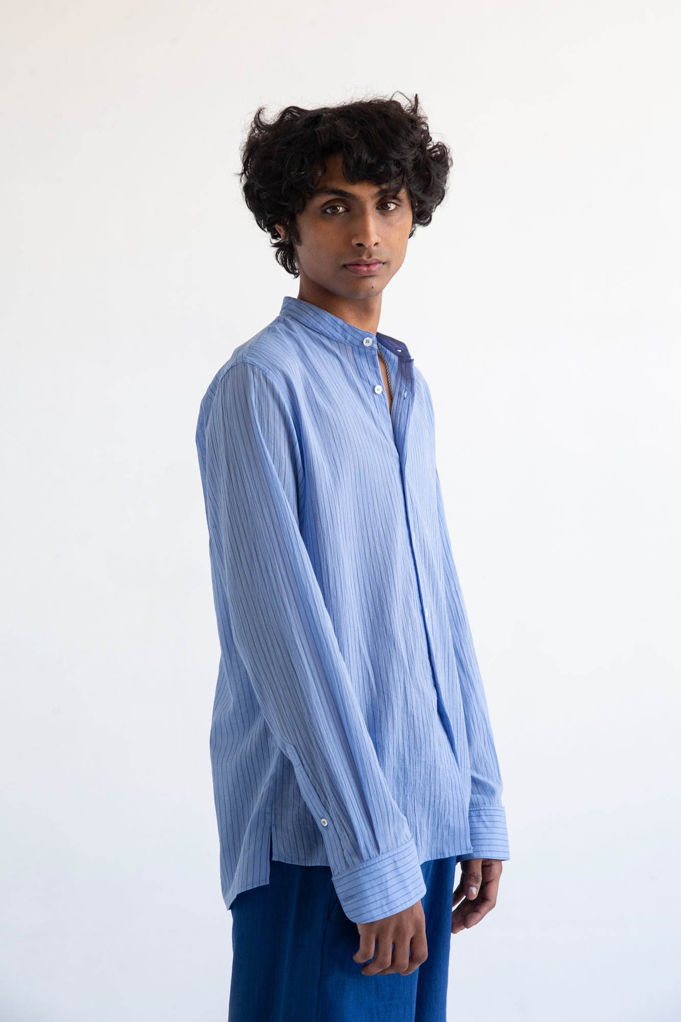 'Liam' Band Collar Light Blue / Blue Stripe Long Sleeve Shirt