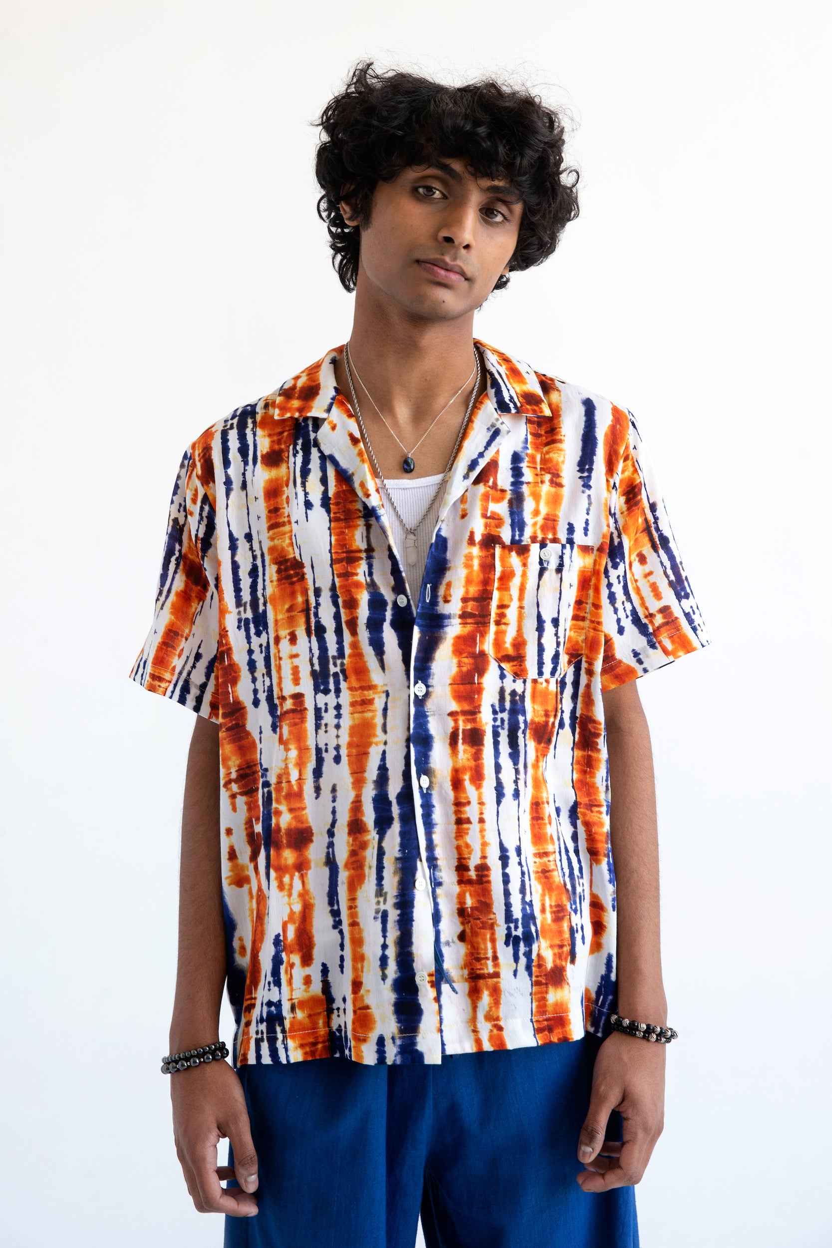 'Desi' Short Sleeve Resort Shirt in Blue and Orange Batik