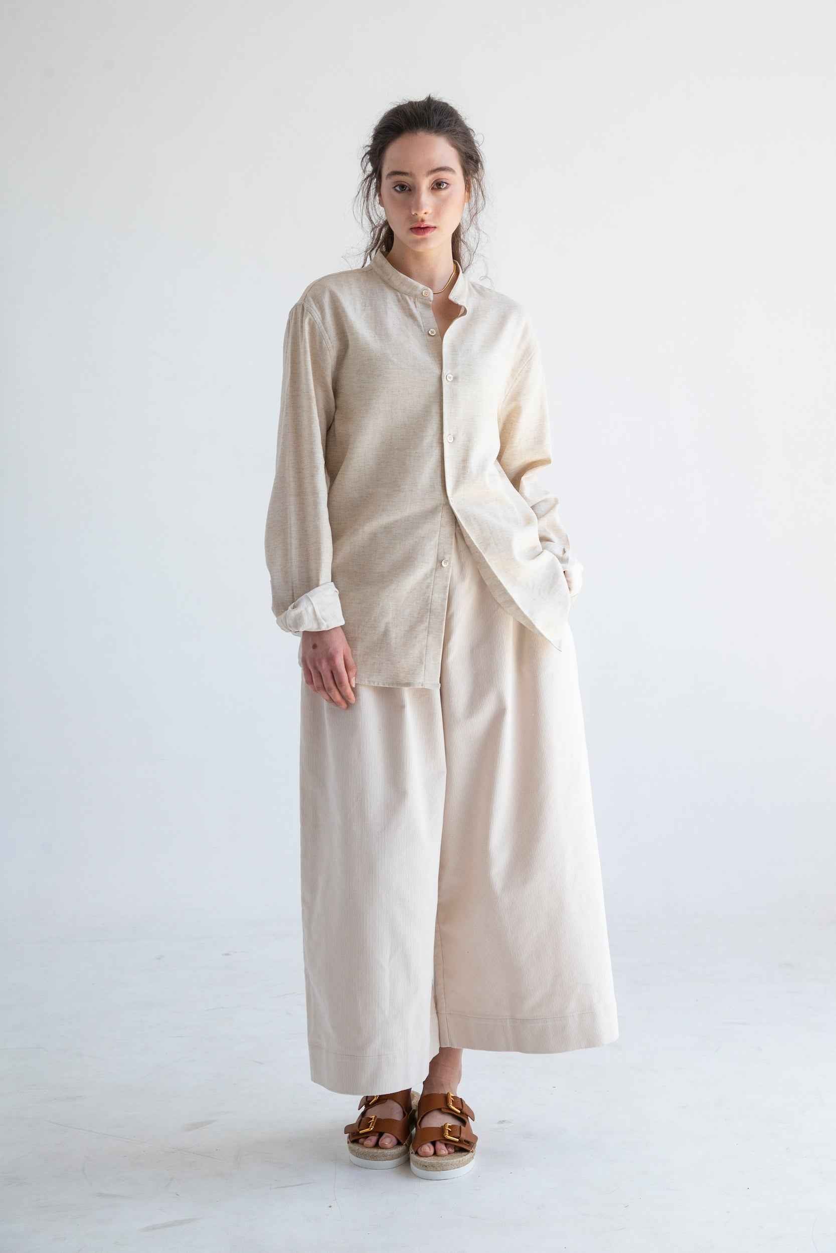 'Liam' Band Collar Vintage Cream Long Sleeve Shirt