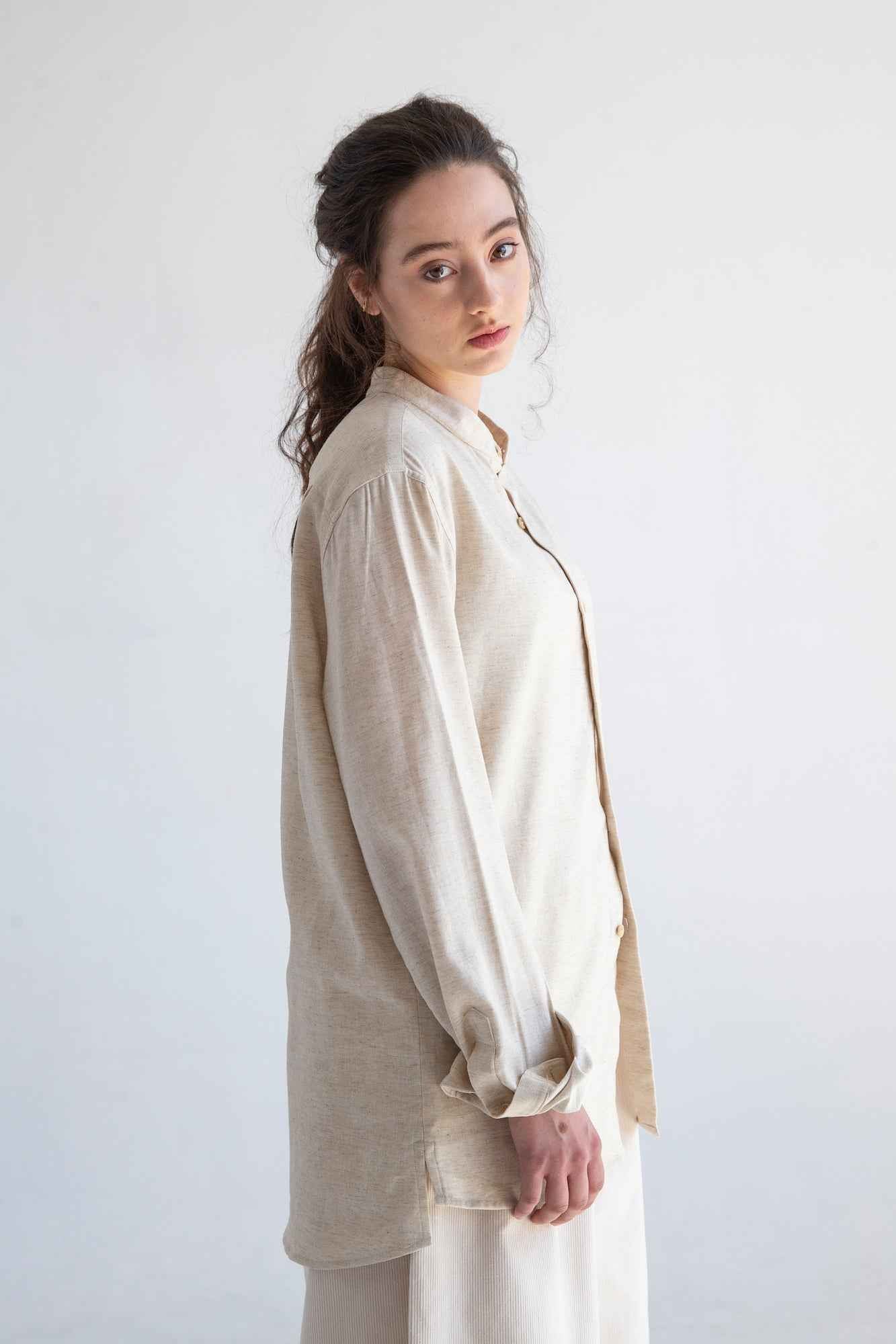 'Liam' Band Collar Vintage Cream Long Sleeve Shirt