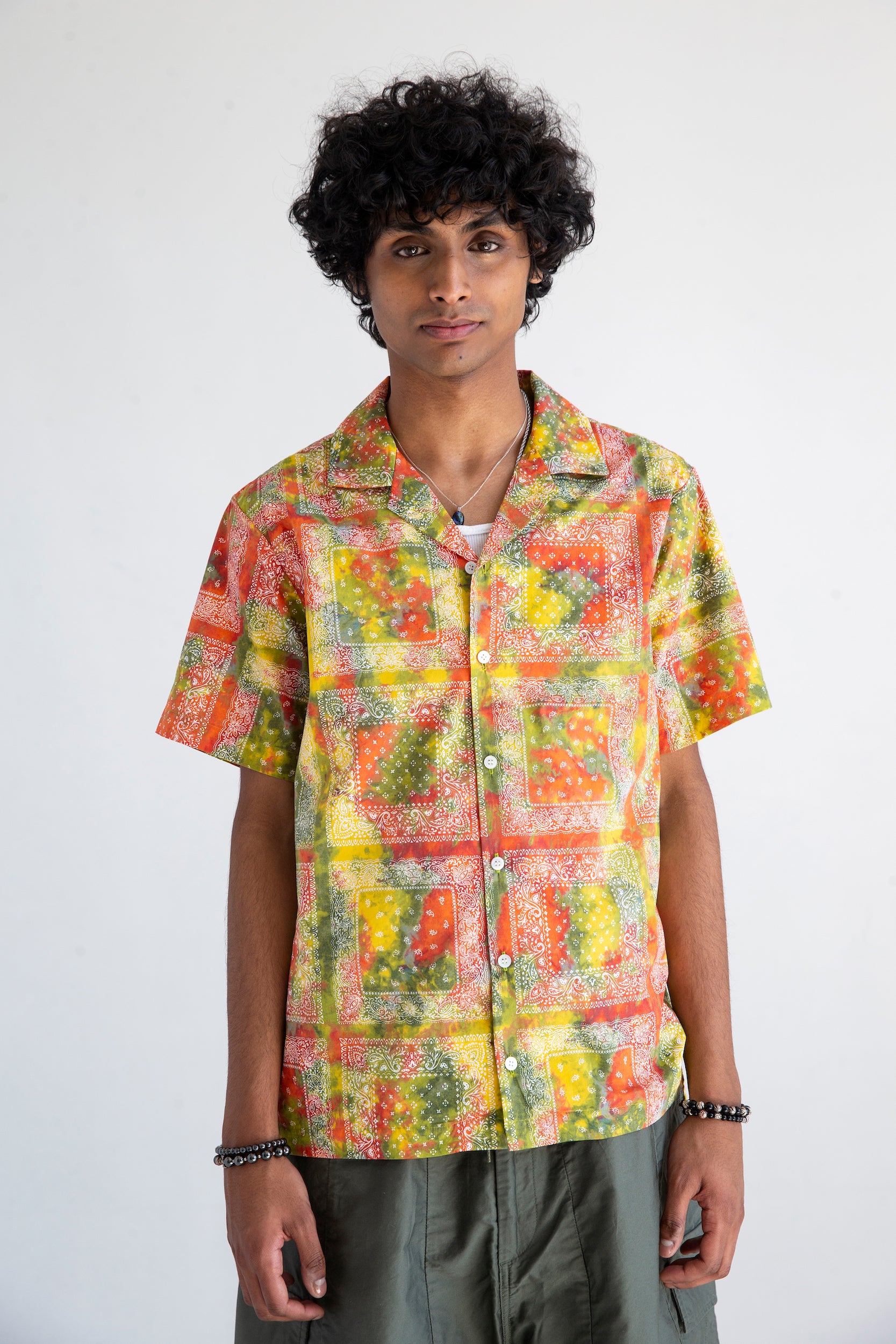 bandana print batik short sleeve cuban collar