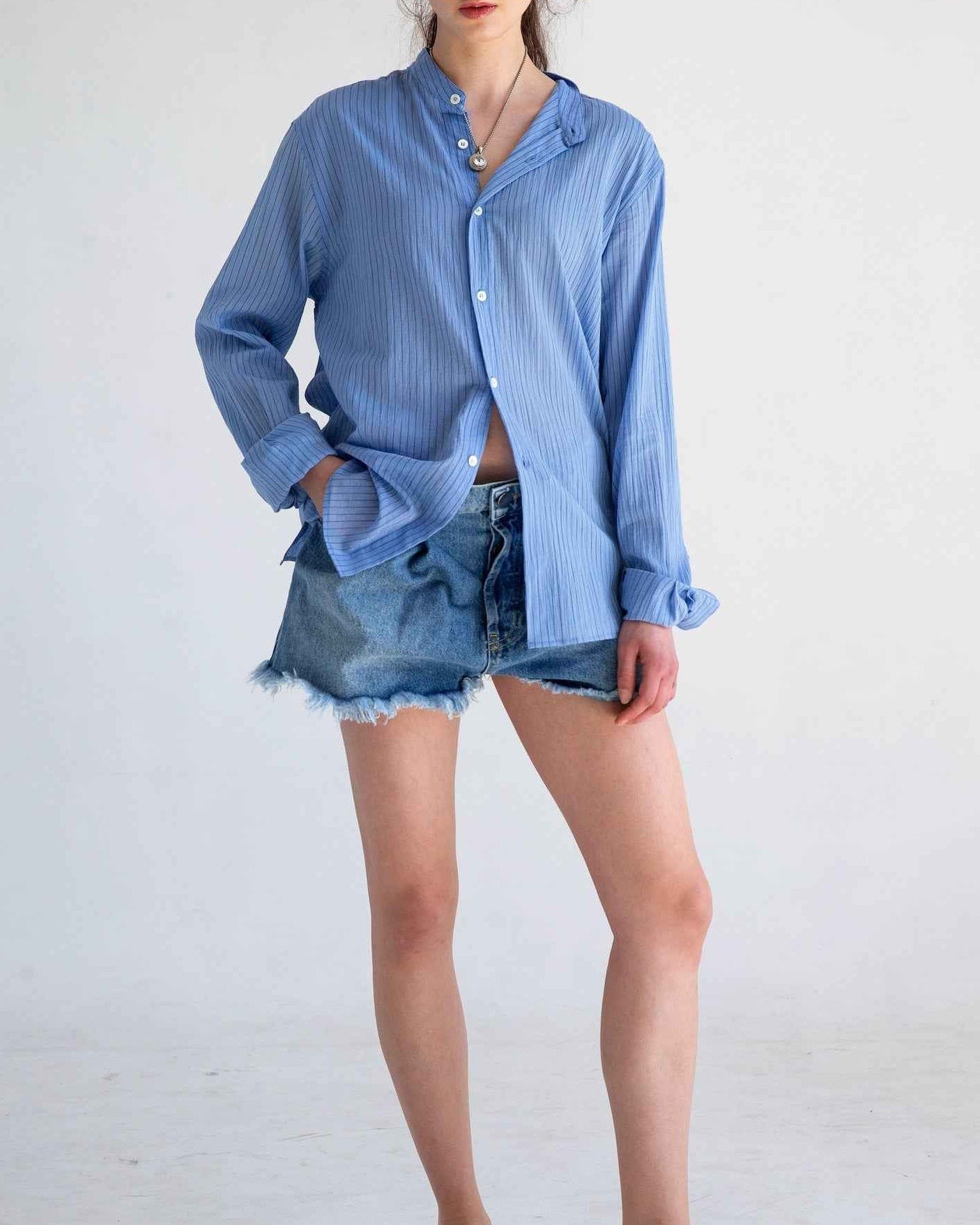 Liam band collar shirt in light blue and blue stripe, relaxed fit, lightweight Japanese cotton voile with subtle crinkle texture.