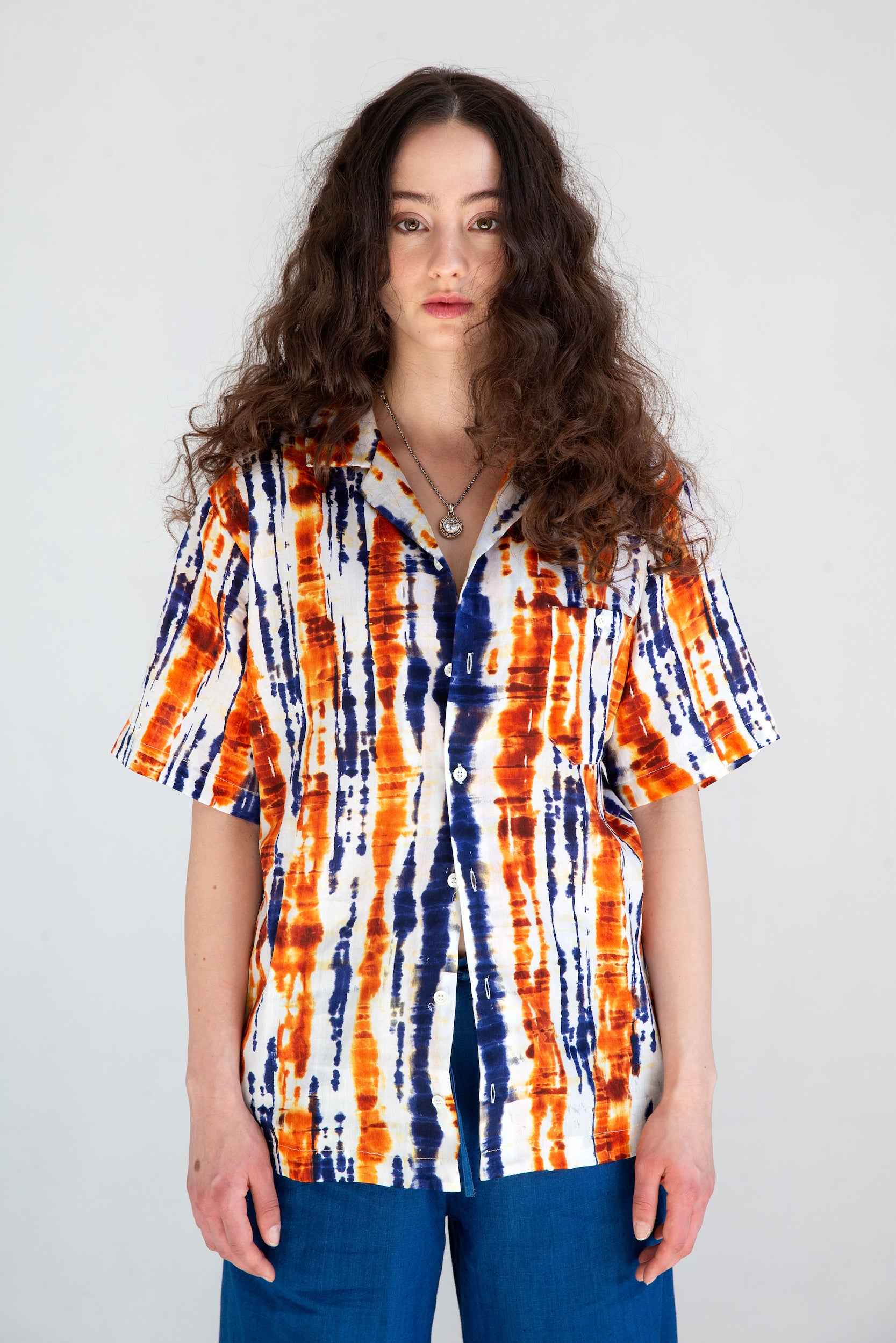 'Desi' Short Sleeve Resort Shirt in Blue and Orange Batik