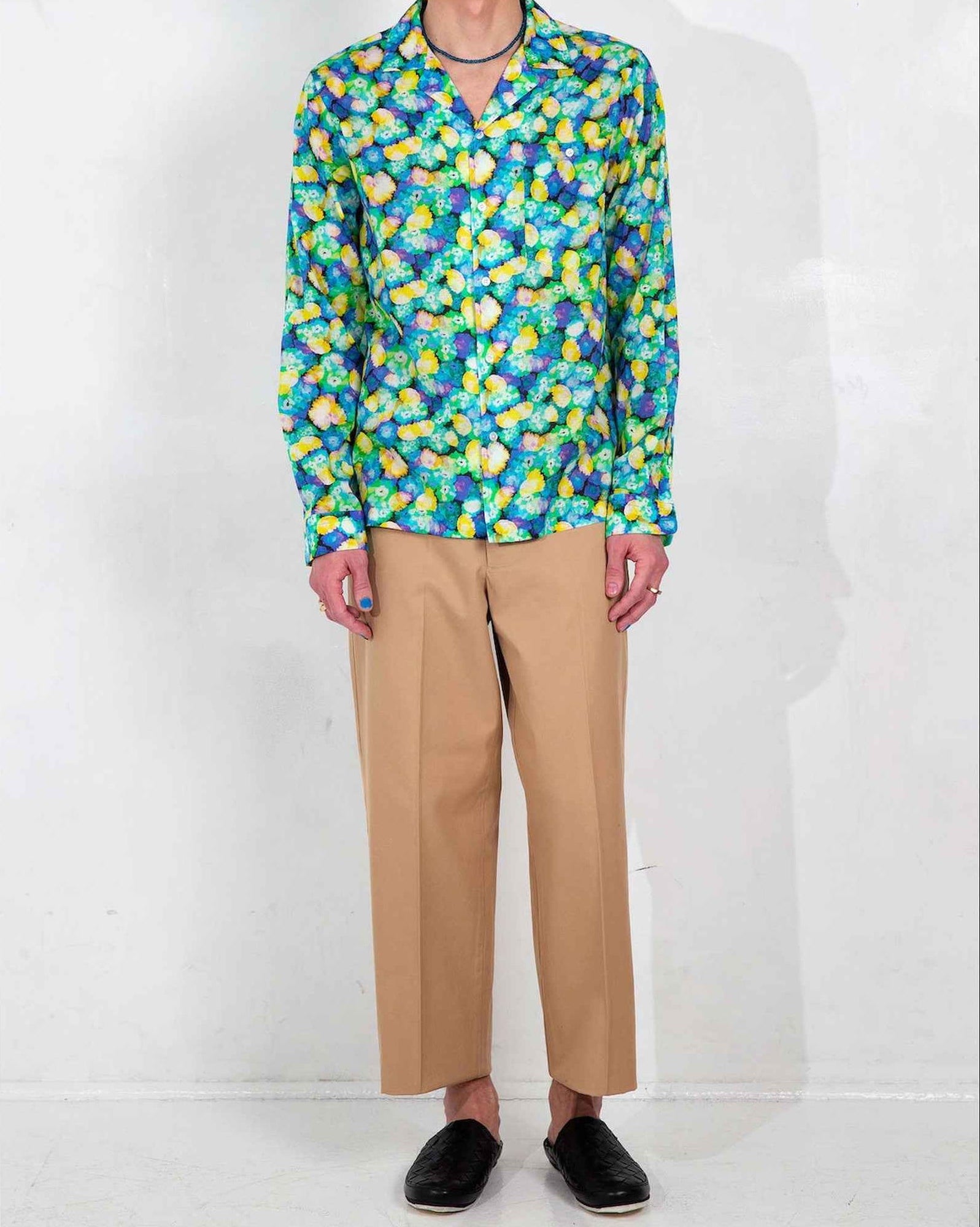 Arenas camp collar shirt in blue floral dream print, relaxed fit, worn untucked on model against neutral background