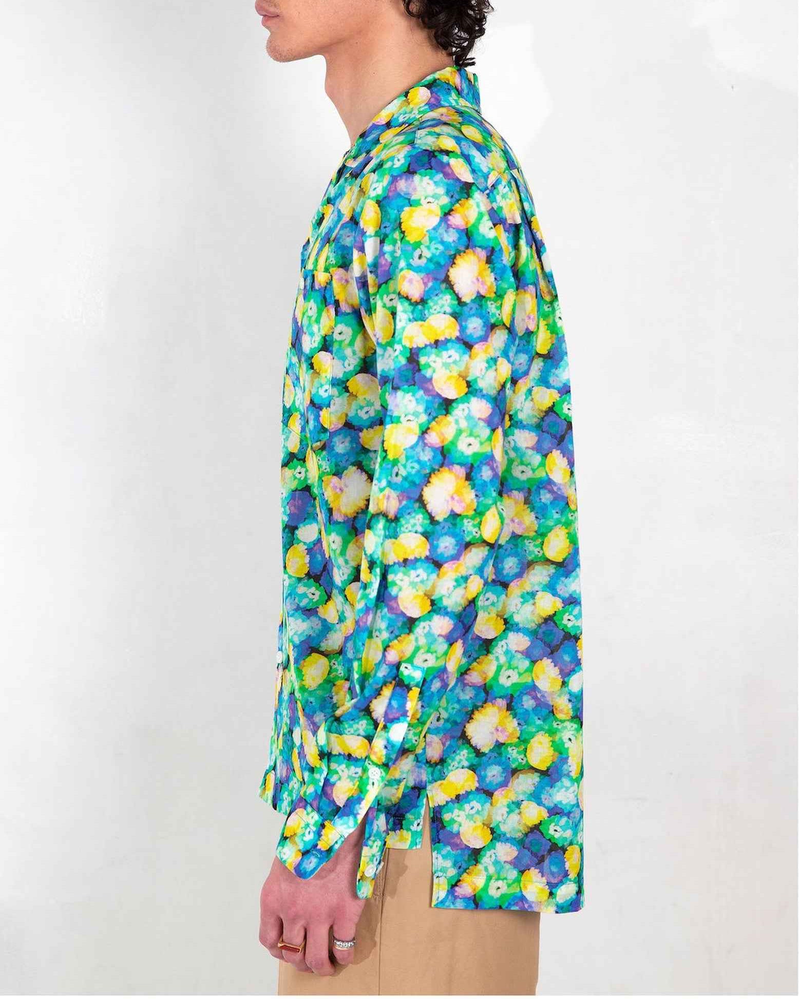 Arenas camp collar shirt in blue floral dream print, relaxed fit, displayed on model showing front detail of cotton-tencel fabric and vibrant print.