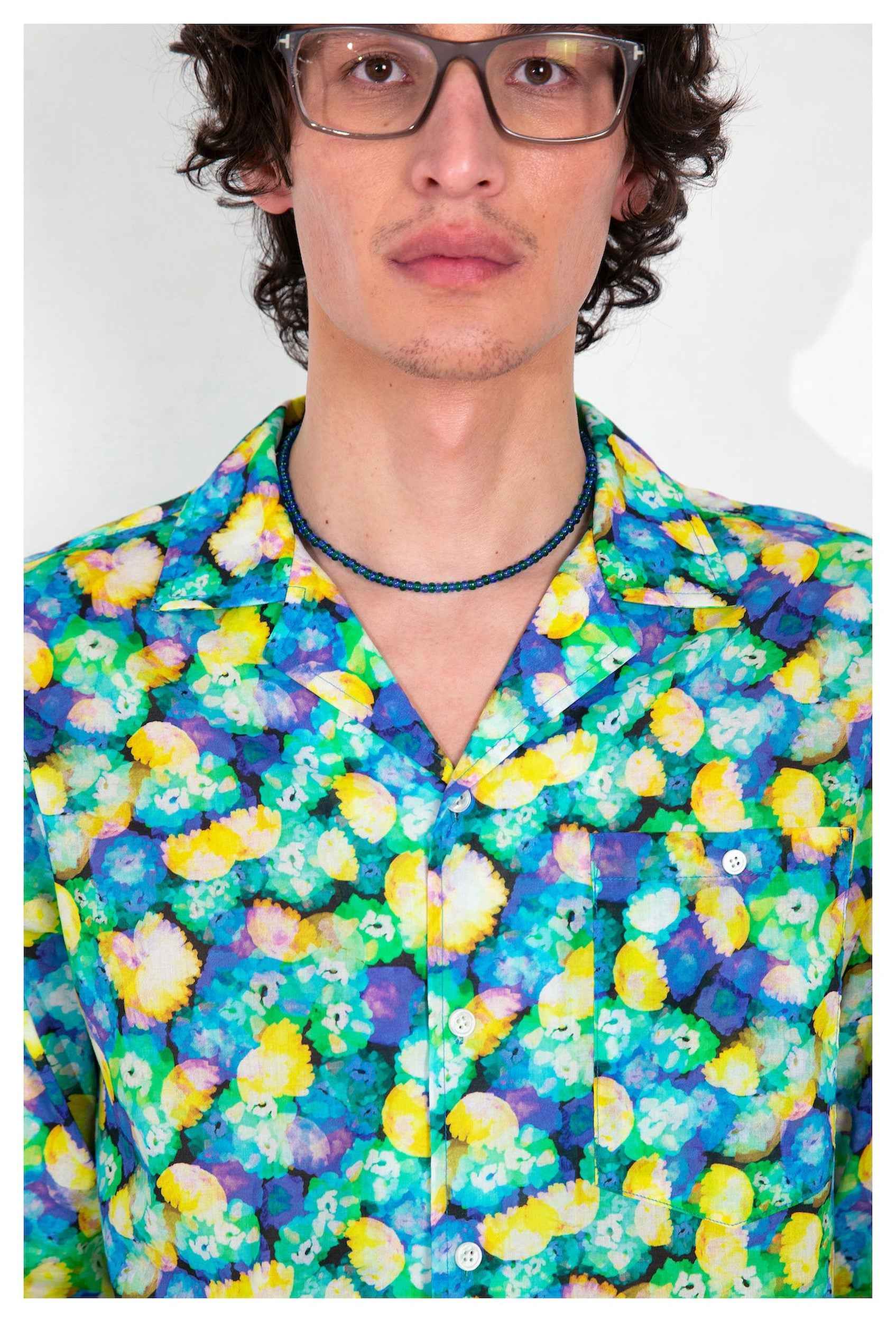 'Arenas' Camp Collar Blue Floral Dream Print Long Sleeve Shirt