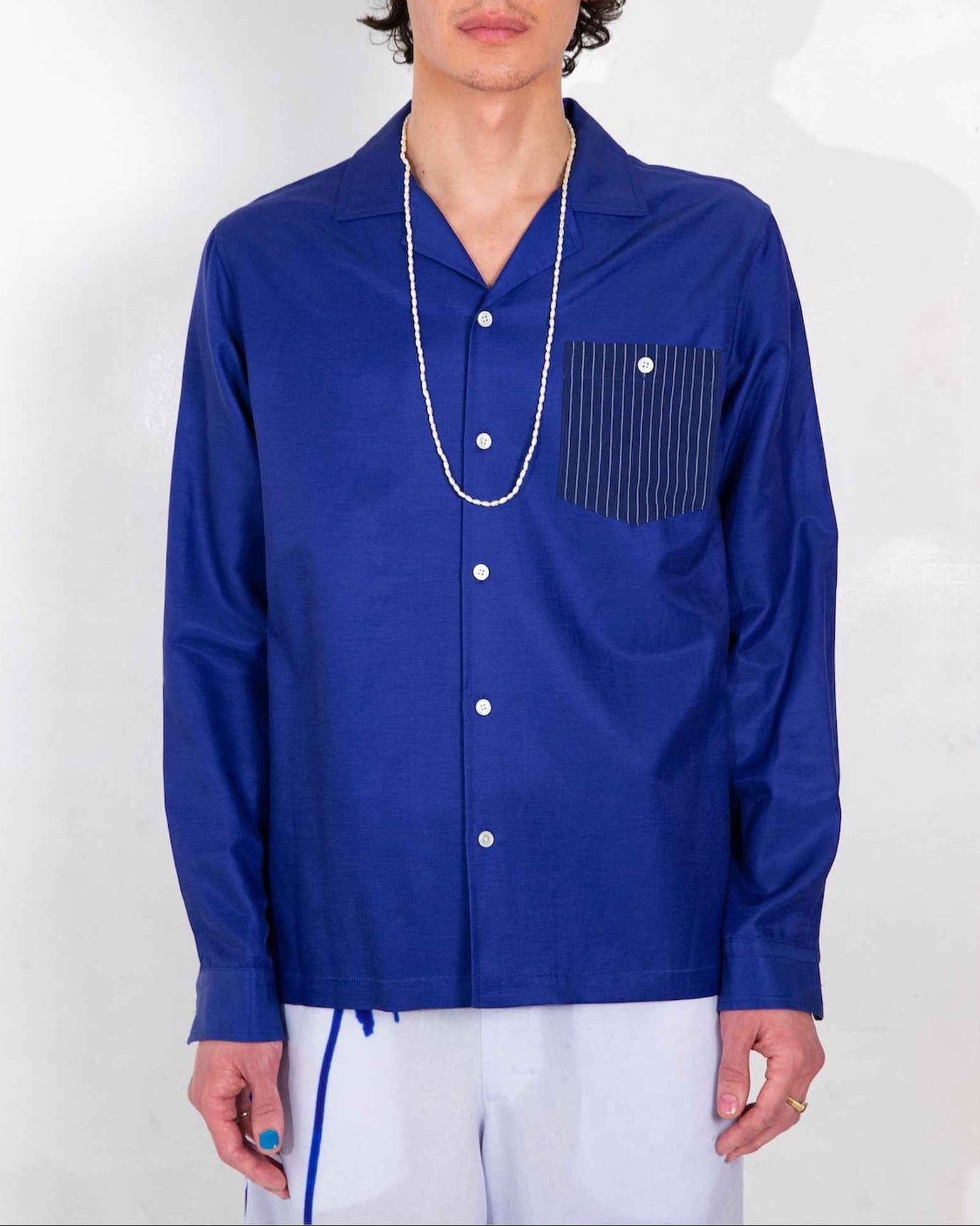 'Arenas' Convertible-Collar Royal Blue and White Stripe Shirt
